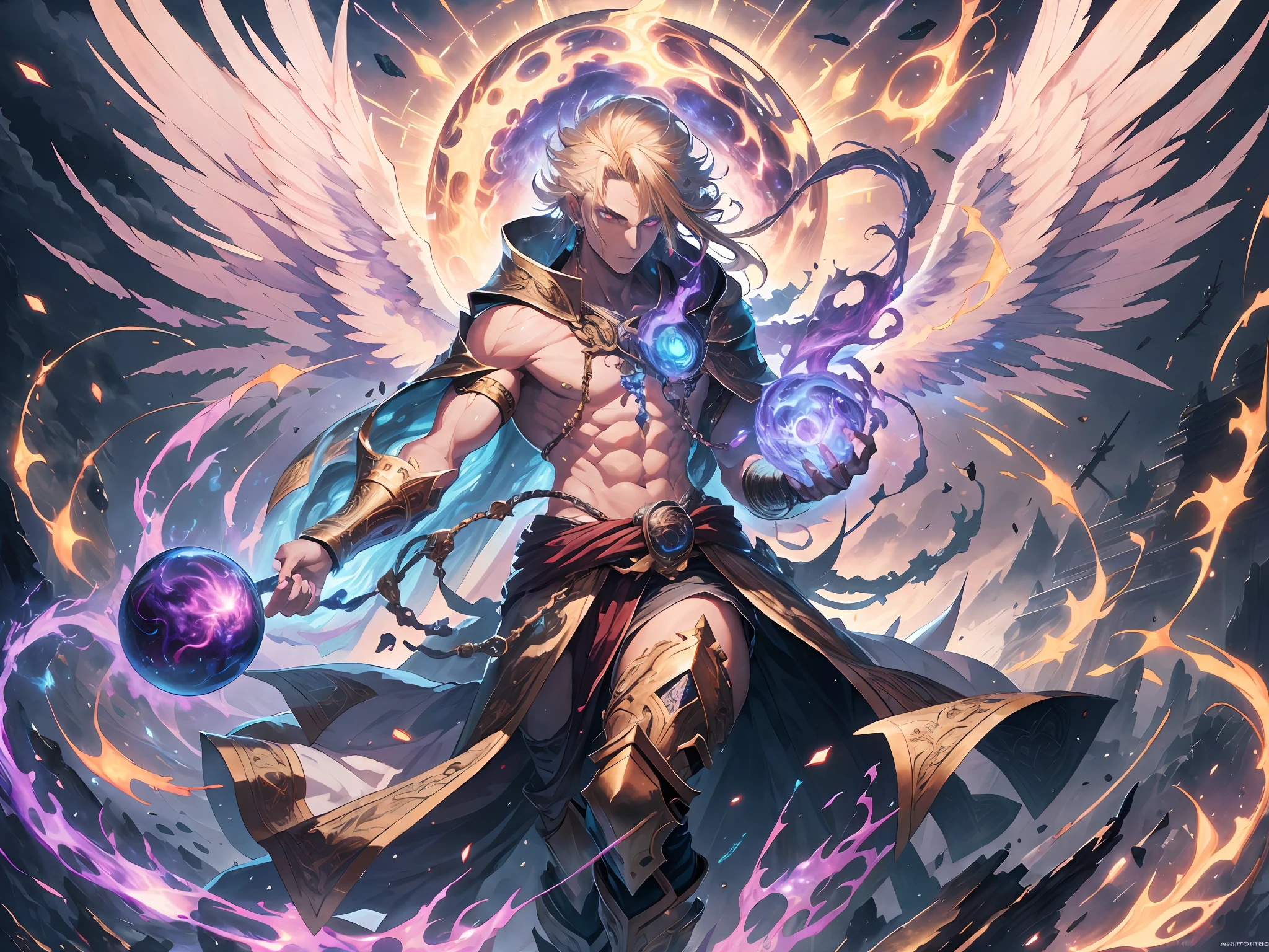 (absurd, high resolution, hyper-detailed, HDR), masterpiece, best quality, a boy in a white robe with a sickle, giant sickle, break, solo, long hair, blonde, red eyes, glowing eyes, fine eyes and detailed face, tall and muscular, bare chest muscles, earrings and accessories, six pairs of angel wings, archangel, full body, heavenly background, fantasy, celestial body, dramatic sky, glowing , blooming, swirl, spark, thunderbolt, magic vortex, ray, golden aura, battle stance, Behind the Dharma