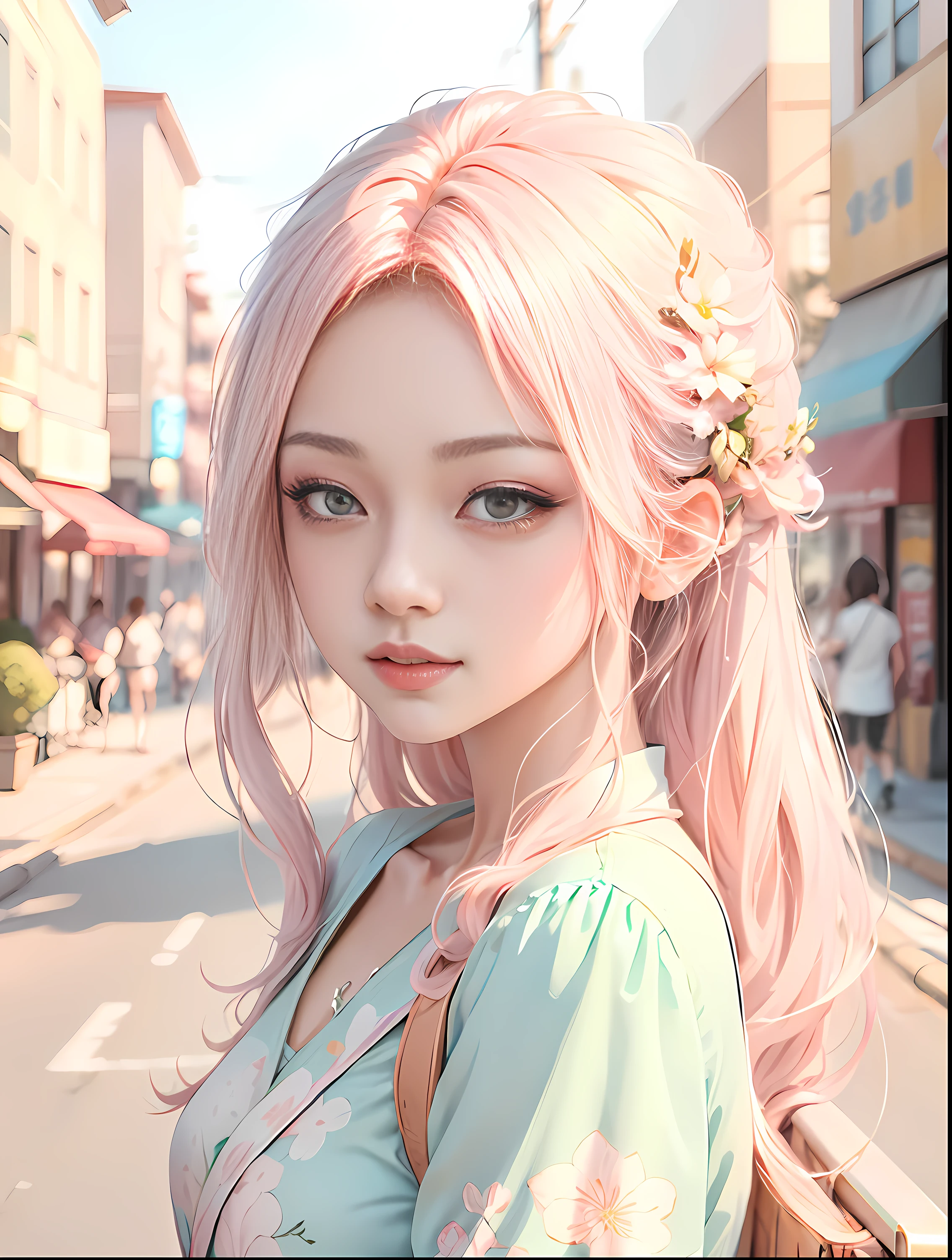 (1girl:1.2),countless commercial streets decorated with neon lights,浅粉色长发,眼部细节刻画精细,大眼睛,best quality,masterpiece,ultra-fine detailed,high detailed,hyper quality,8K smooth,hopeful,beautiful lighting,soft Light,Close-Up(CU),Manga style,