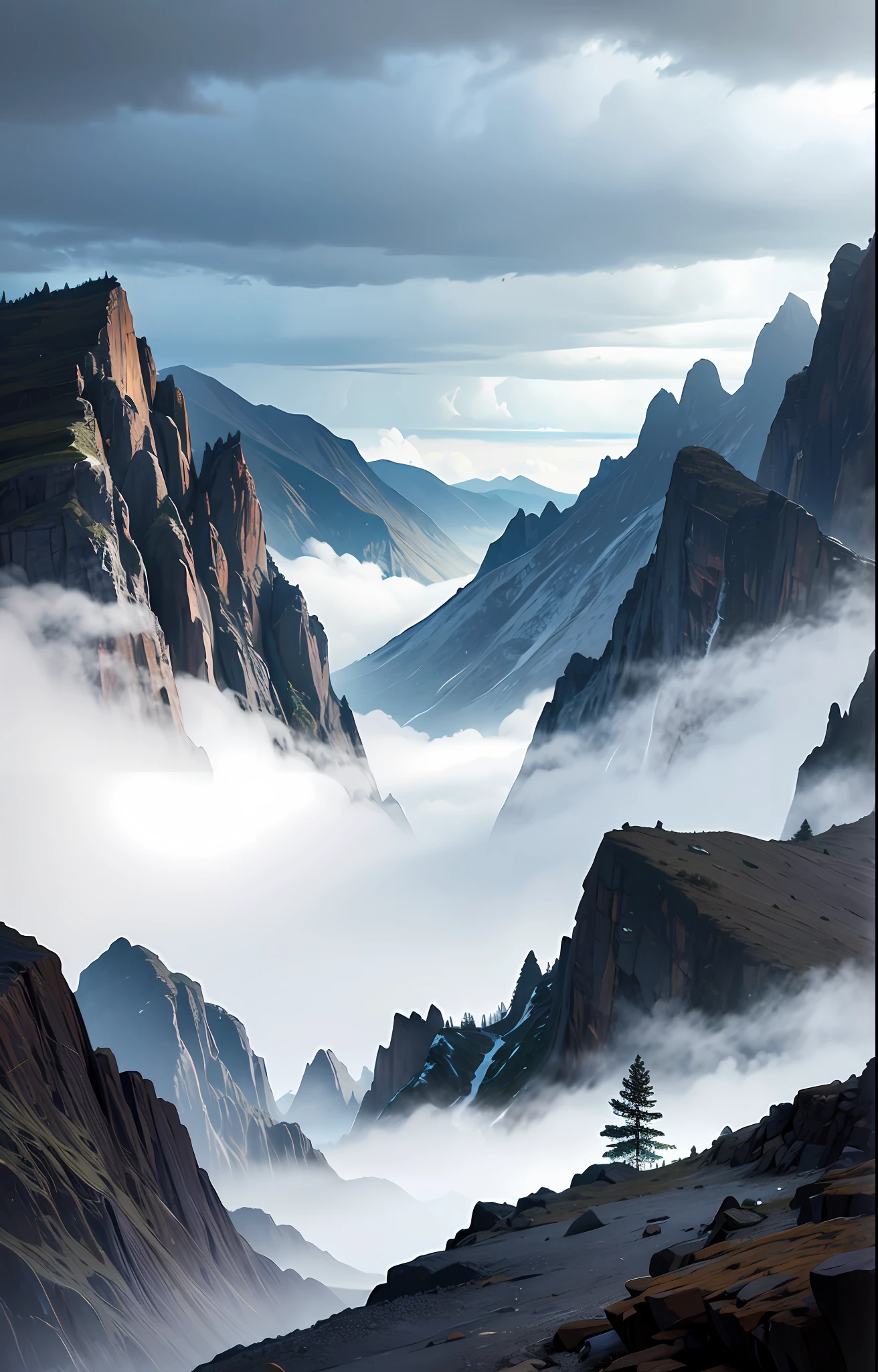On the horizon rise majestic mountains, their imposing shapes cutting through the skies. Its steep and rocky slopes are clothed with lush vegetation, resisting the force of wind and time. However, a storm approaches, with charged clouds enveloping the mountains in a gray veil.

Lightning tears through the sky, illuminating the crests of the mountains with electric sparks. The rumble of thunder echoes among the rocks, adding a powerful sound to nature's symphony. Raindrops begin to fall, a gift from the storm that will soon turn the streams into raging torrents.

Despite the impending storm, the beauty and grandeur of the mountains remain unshaken. Sunlight, filtered through the dark clouds, paints the scenery with shades of gray and silver, creating a dramatic contrast between darkness and luminosity. At every glance, it is possible to glimpse the craggy shapes of the mountains rising to the sky.

As the storm intensifies, the mountains resist with resilience, remaining steadfast and imposing. The trees that take root on its slopes sway to the rhythm of the raging winds, their leaves dancing in a frantic choreography. It is a dance between the force of nature and the grandeur of the mountain, a symphony of conflicting elements.

In this imposing and stormy setting, we are reminded of the grandeur and power of nature. The mountains, silent witnesses of time, are a reminder of our own insignificance in the face of the primordial forces of the Earth. The storm that surrounds them is a reminder that despite our ephemeral presence, nature will continue to exist, majestic and indomitable.