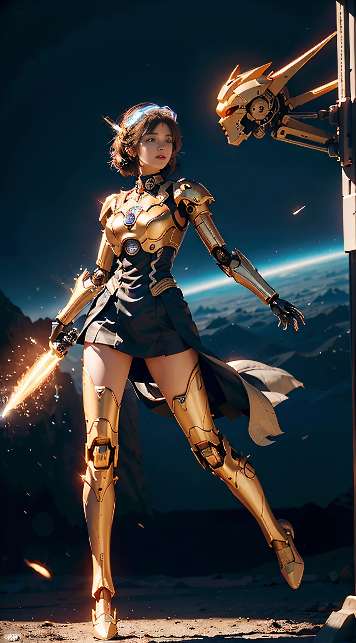 Drifting particle effects, (((cute beautiful girl's head, smooth and delicate face, mechanical body))), cyberpunk mecha, clear facial details, transparent helmet, bright eyes, space background, detail portrayal, master, mecha reflection, advanced rendering, sharp, mecha integrated with the body, clear bones, blood flow, delicate facial features, colored transparent infusion hose, (((masterpiece)), illustrations, the best quality, very detailed CG unified 8k wallpaper, a very delicate and beautiful, game_cg, (Full Body Close-up)), Cinematic Lighting, Surreal Realistic, (Realistic Style), Solo, Ultra Detail, (Telephoto Lens), (Yellow Mechanical), Dynamic Pose, Laser Reflective Materials, Detail Background, Pyrotechnics, Pixiv, Game CG, Movie Angle, Depth of Field, Movie Lighting, Beautiful Detailed Glow, Flash Particles, Glow, Fluttering Details Splash, PBR Rendering + UE Engine, V-Ray Camera, UE5 Renderer, 32K, High Resolution, High Quality, High detail, fire magic, golden section composition, ancient mecha ((((ancient mecha)))