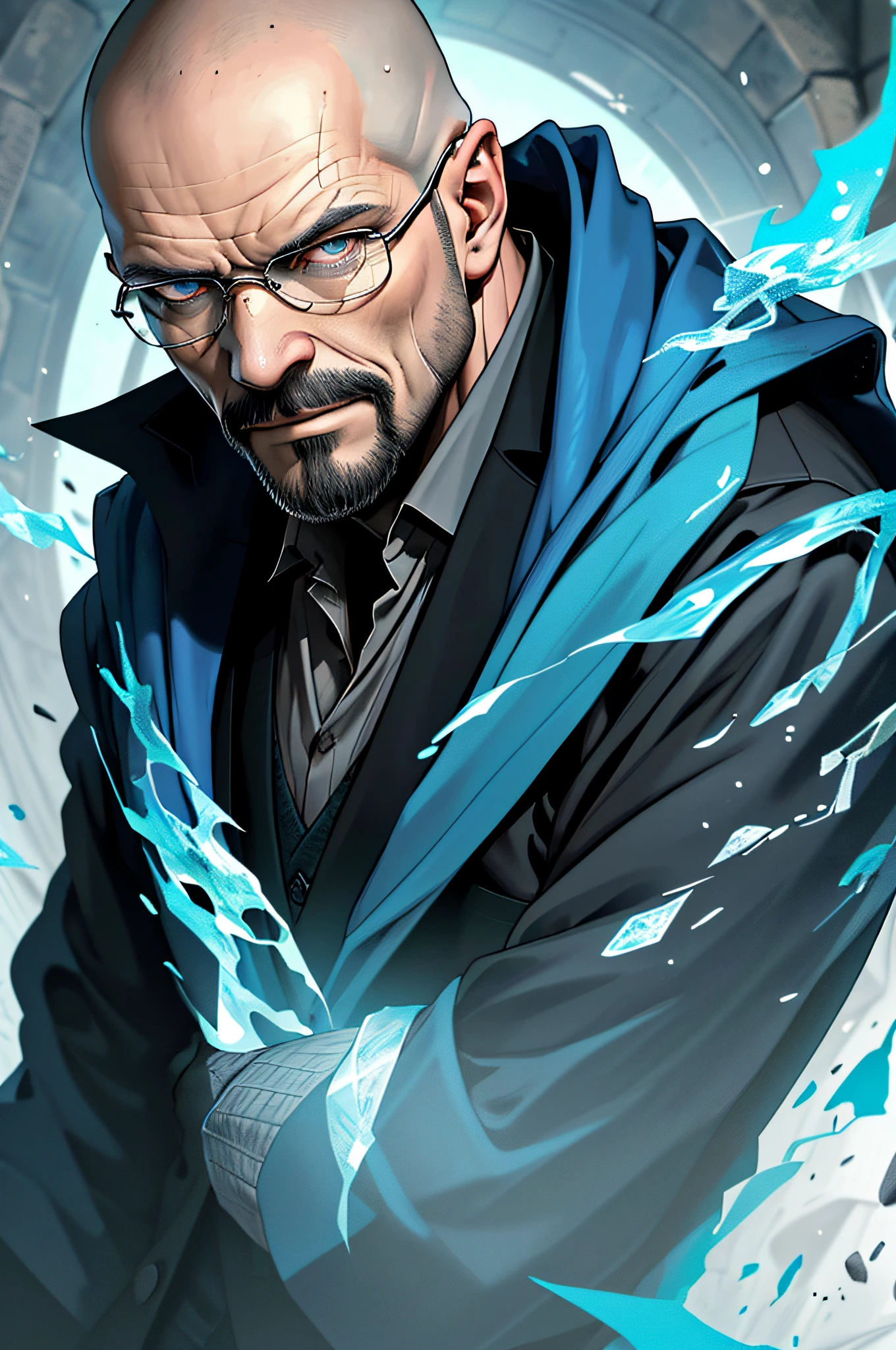 Walter White, Best quality, masterpiece, ultra high res,detailed background,realistic,hadesstyle,solo,male,mature,bara,muscular,mature male, facial hair,bald head,wizard,necromancer,skull,light blue fire,horror,dark fantasy,evil,cape,depth of field