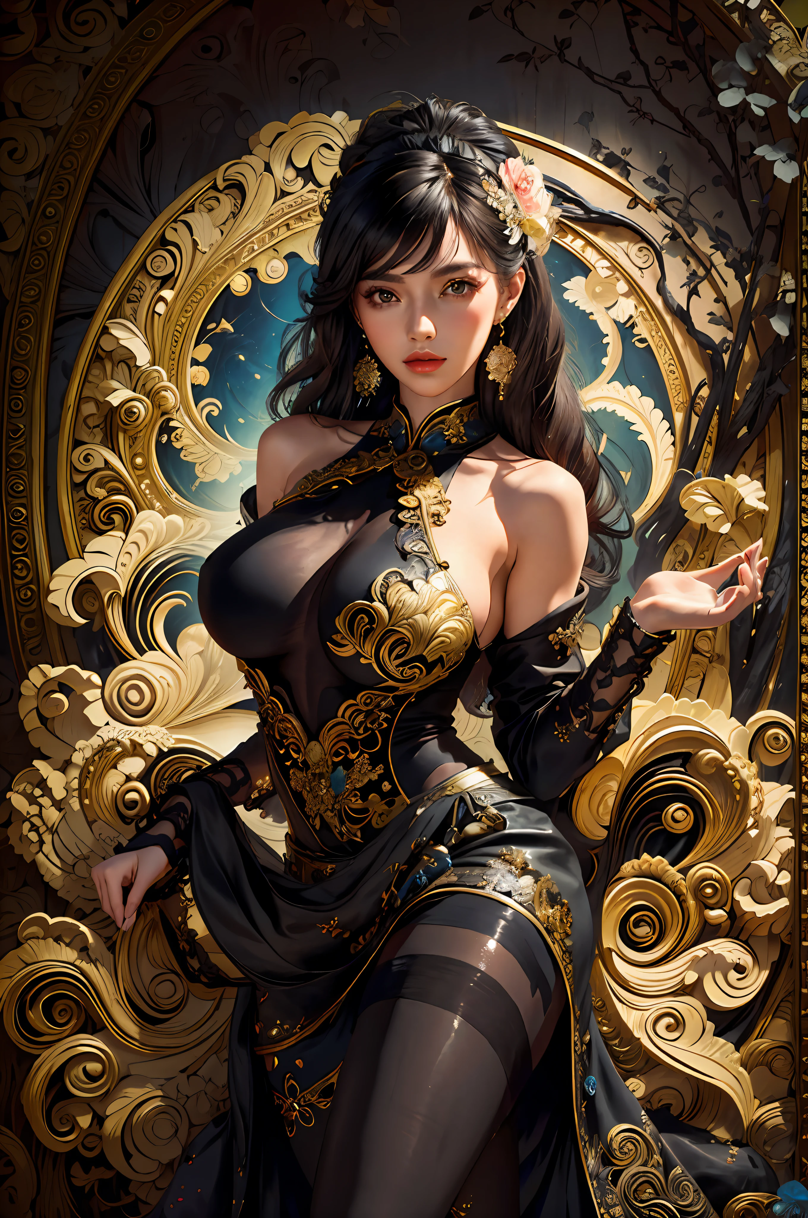 (Masterpiece, Top Quality, Best Quality, Official Art, Beauty and Aesthetics: 1.2), (1girl: 1.3), Very Detailed, (Fractal Art: 1.1), (Color: 1.1) (Flowers: 1.3), Most Detailed, (Zentangle: 1.2), (Dynamic Pose), (Abstract background: 1.3), (Chinese Dress: 1.2), (Shiny Skin), ( many colors:1.4), ,(earrings:1.4), 16k, award-winning photos, extremely detailed, amazing, fine details, ridiculous, 20 years old, sexy theme, high detail, extremely detailed eyes and face, glare eyes, (((black pantyhose)))), (((short skirt))), (((suit))), good hips and long legs, beautiful face, perfect face shape, perfect body, oversize model, mature woman, (((high and long legs))), (((very large breasts))), perfect for wearing tight, simple clothes, high heels, photography 4 Kodak Portra 400 camera F1. 6 colorful lenses, ultra-realistic textures, dramatic lighting IrrealEngine ArtStation Cinestill 800 Tungsten Lamp on the trend, ((((full))), there is a woman sitting in a chair in the room, Masterpiece: 1.2, best quality, Ultra high resolution, realism, ultra-realistic detail, clear focus, (real pictures, fine production, depth of field), solo, beautiful girl, masterpiece: 1.2,