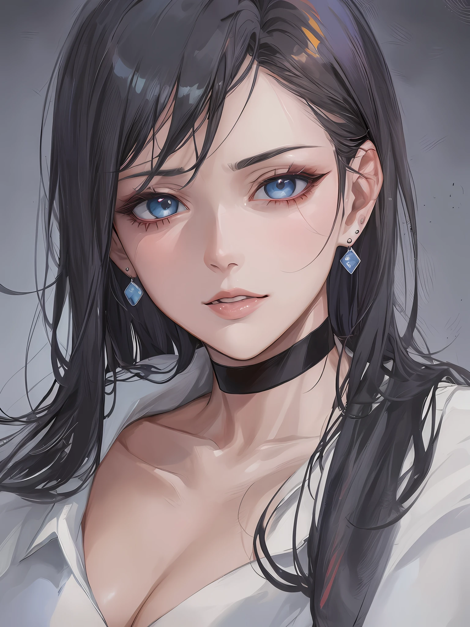 "(cartoon, painting style) portraying a mature woman wearing a masculine white button up and black formal pants, fancy earrings, light blue eyes, choker short wavy black hair in a portrait, close-up, succulent defined lips, defined neck, looking at the viewer, blank dark red background, accentuating the heavy makeup - resulting in a masterpiece of the best possible quality."