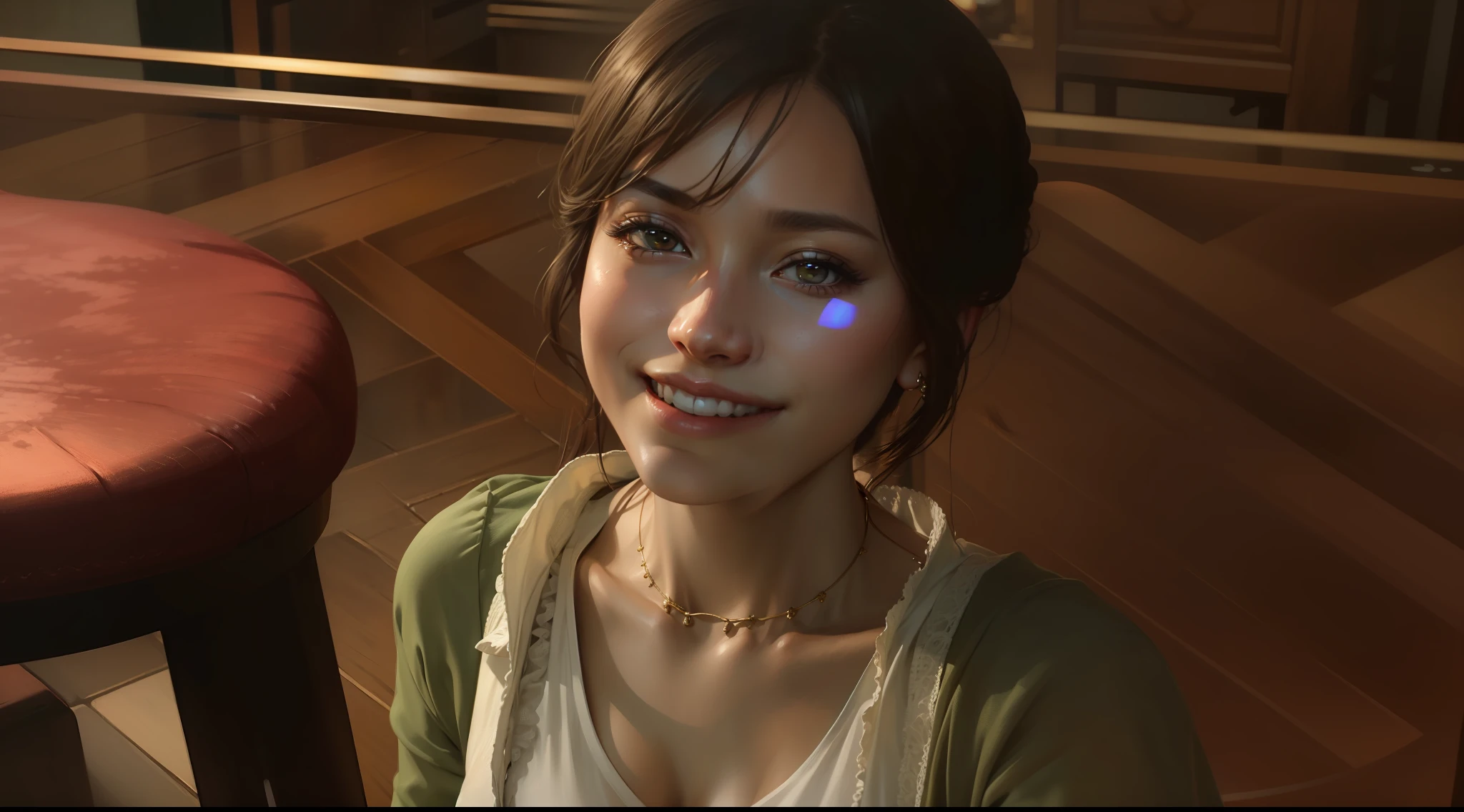 Best quality, masterpiece, ultra high res, (photorealistic:1.4), a beautiful woman, white shirt, medium breast, narrow waist, shiny skin, seductive smile, bokeh