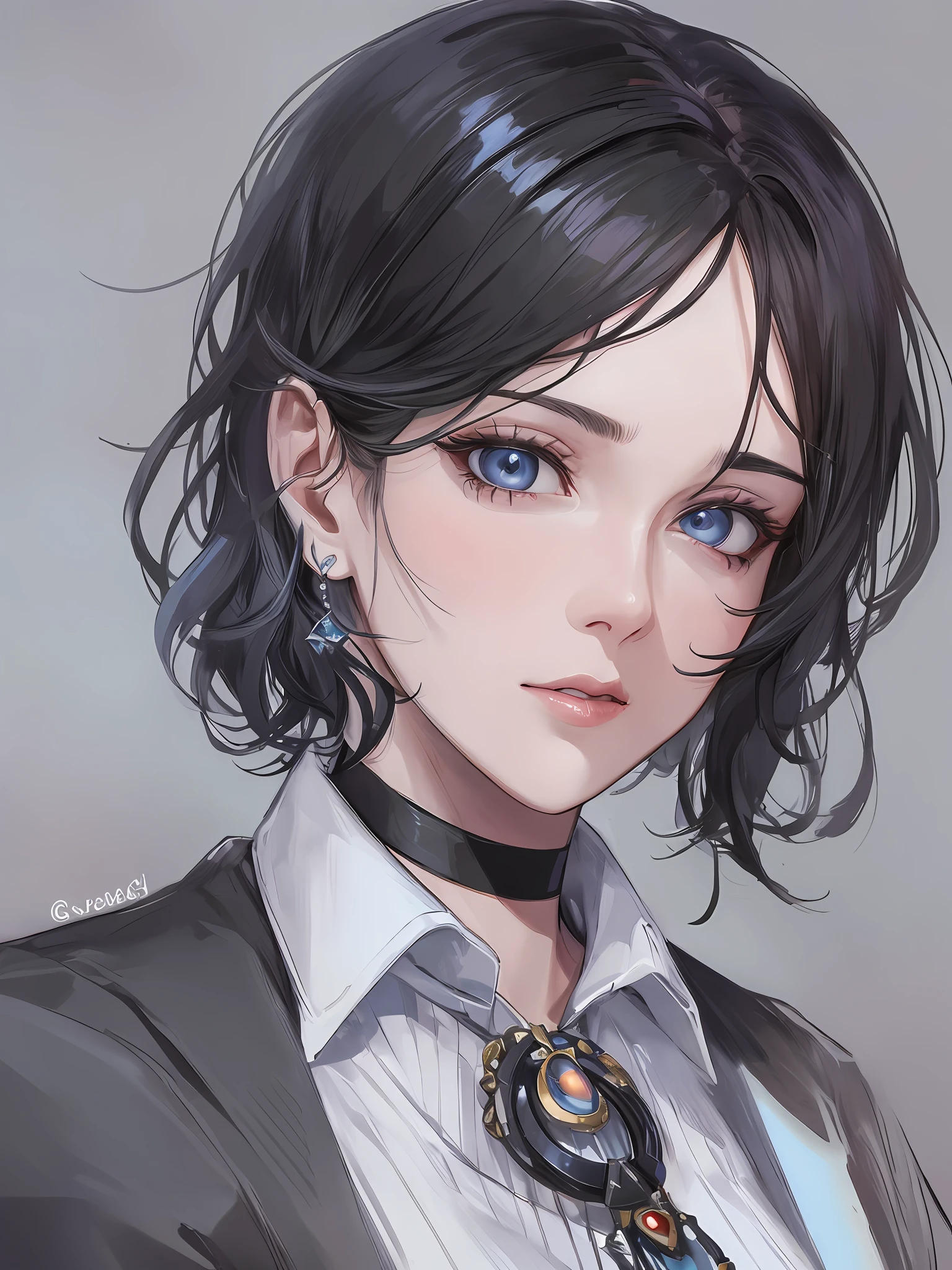 "(cartoon, painting style) portraying a mature woman wearing a masculine white button up and black formal pants, fancy earrings, light blue eyes, choker short wavy black hair in a portrait, close-up, succulent defined lips, defined neck, looking at the viewer, blank dark red background, accentuating the heavy makeup - resulting in a masterpiece of the best possible quality."