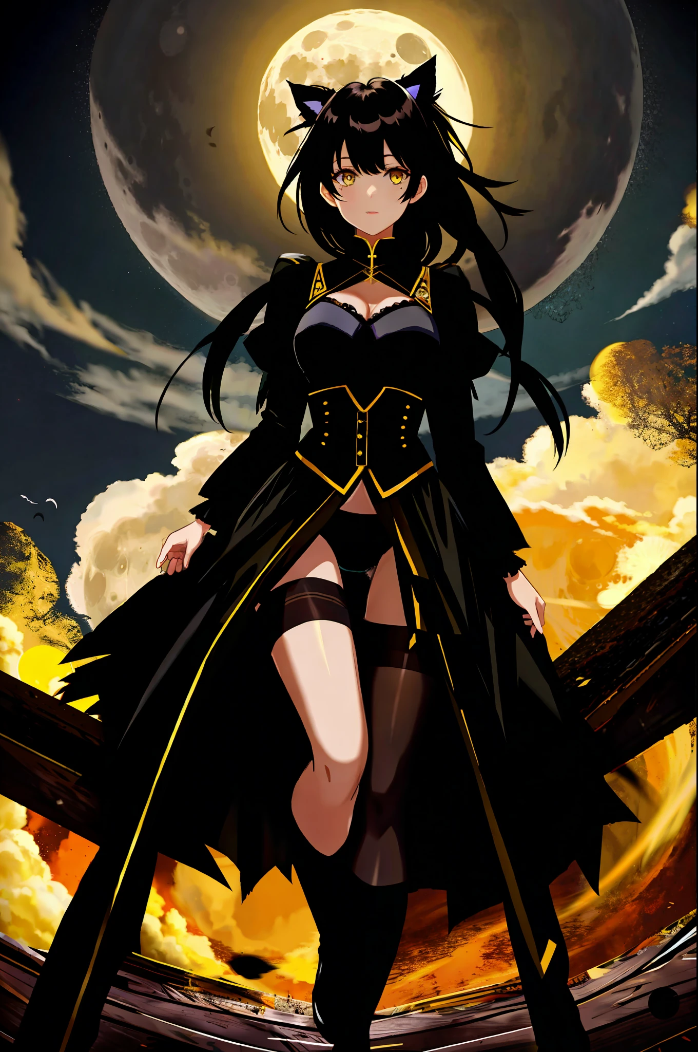 Torn pantyhose, torn clothes, black underwear, black lingerie, yellow eyes, black hair, moon, absurd quality, highest quality, 8k, bright eyes, bright legs