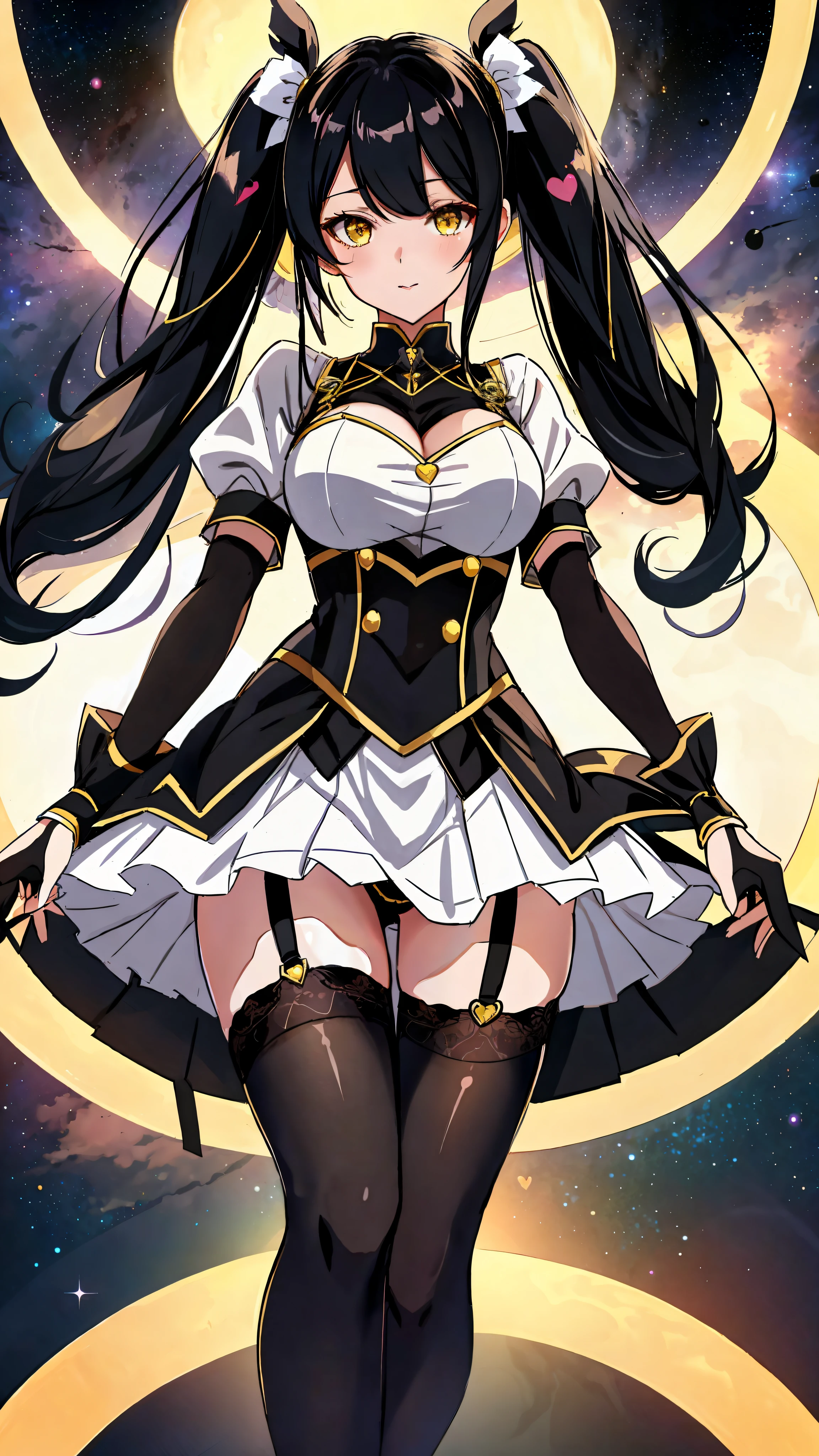 Sexy, from below, facing viewer, feet close up, medium breasts, yellow eyes, black hair, twintail, busty, space background, full body, 8k, absurd quality, beautiful face, hands out of frame,absurd res, high res, (masterpiece:1.4), ultra-detailed, 1girl, from front, space, floating, stockings, black hair, heart shape eyes, yellow eyes, garter belt, yandere, twintail, pantyhose, stockings, short clothes, garter belt, sexy panties, sexy panty, pantsu