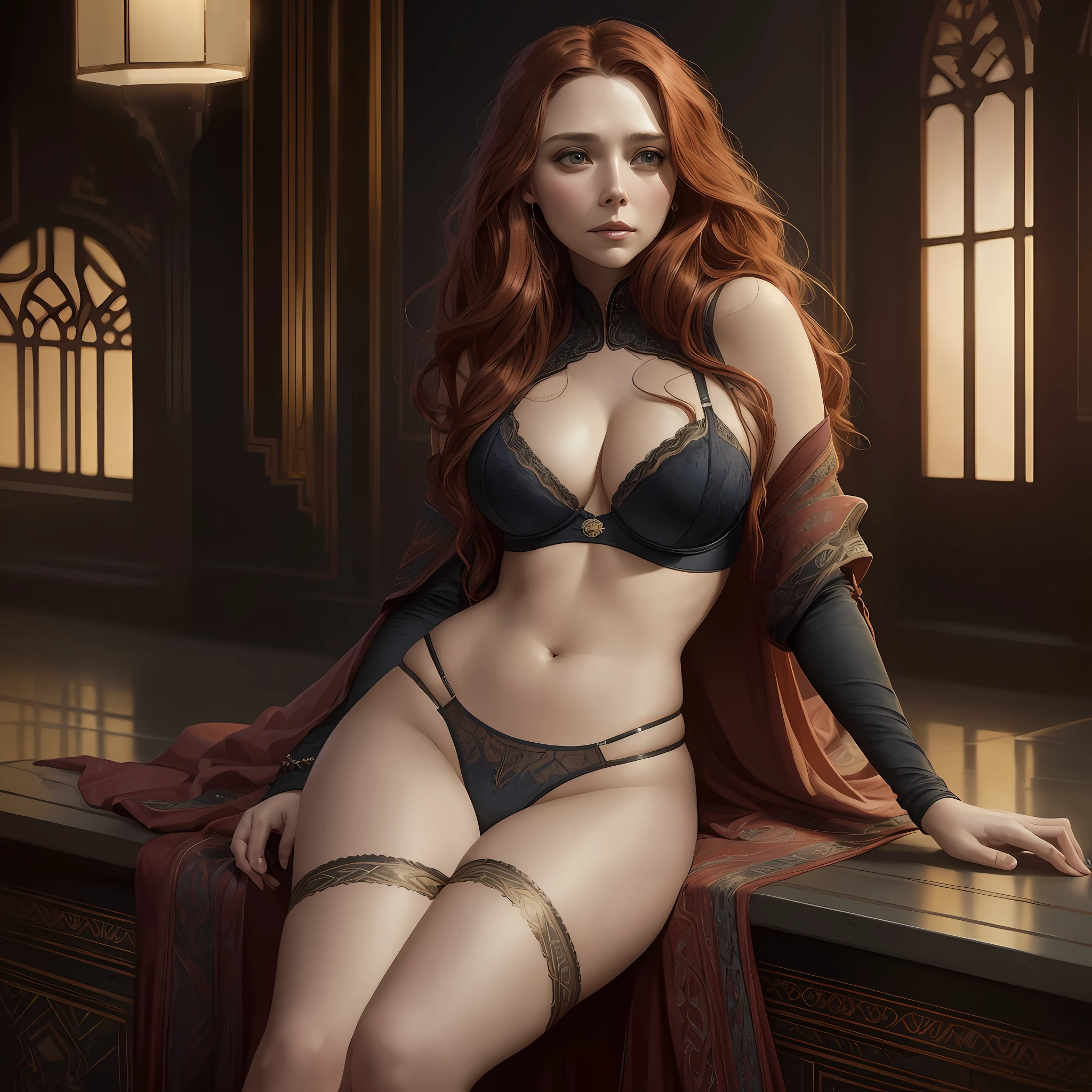 photo of elizabeth olsen, highres, masterpiece, 1girl, solo, best quality, realistic, nightclub, sitting on bar, ((sexy edding gown)), (laced bra and thong) (big body),((big large boobs)) (cleavage), sexy abs, navel, legs spread, big ass, (Sexy Woman), (long red hair), (30 years old), smirk, aroused, 4K, HDR. by (James C. Christensen:1.2|Jeremy Lipking:1.1). --auto --s2