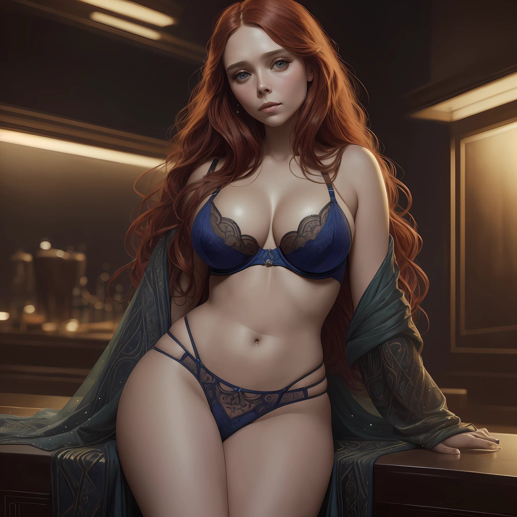 photo of elizabeth olsen, highres, masterpiece, 1girl, solo, best quality, realistic, nightclub, sitting on bar, ((sexy edding gown)), (laced bra and thong) (big body),((big large boobs)) (cleavage), sexy abs, navel, legs spread, big ass, (Sexy Woman), (long red hair), (30 years old), smirk, aroused, 4K, HDR. by (James C. Christensen:1.2|Jeremy Lipking:1.1). --auto --s2