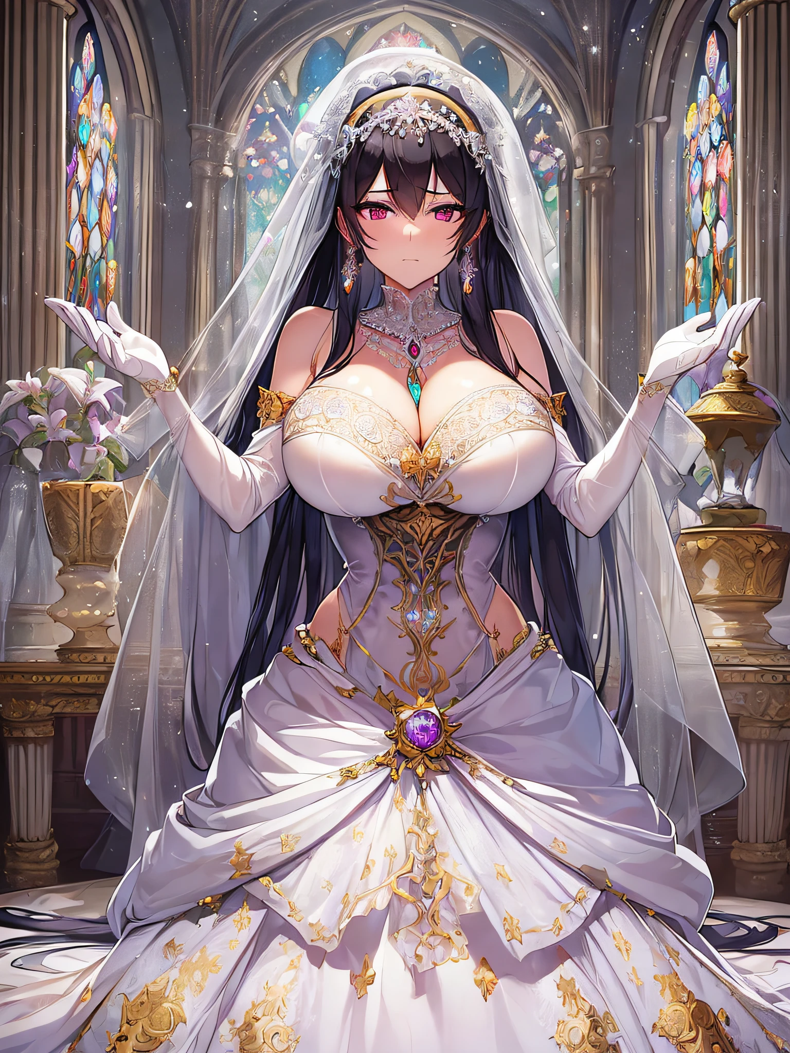 ((anime artstyle)),(Masterpiece), (Best Quality), (Super Detail), Illustration, (((Very Delicate and Beautiful))),Dynamic Angle,Looking at viewer,((((Solo)))),(((Full body))),(((1 arrogant empress in See-through white wedding dress having a wedding ceremony in a royal palace))),(standing),(((embarrassed))),anguish,Purple eyes,(Sharp eyes),Detailed Face, Long Eyelashes,Jet Black Hair,Straight Hair,((Very Long Hair)),Bangs between eyes,,gleaming skin,((((gigantic breasts)))),cleavage,((skindentation)),curvy,off shoulder,See-through,(((fusion of See-through white wedding dress and white rococo ball gown))),(fluffy See-through rococo white wedding ball gown with gorgeous embroidery),(((hoop skirt))),long skirt,corset,crinoline,long bridal veil,ultra long gloves,Beautifully Gorgeous jeweled big tiara,Beautifully Gorgeous gem earrings,Beautifully Gorgeous jeweled necklace,Beautifully Gorgeous jeweled ornaments,indoor,white lily flowers, flower petals flowing,Stained glass,light particles,Sacred Light