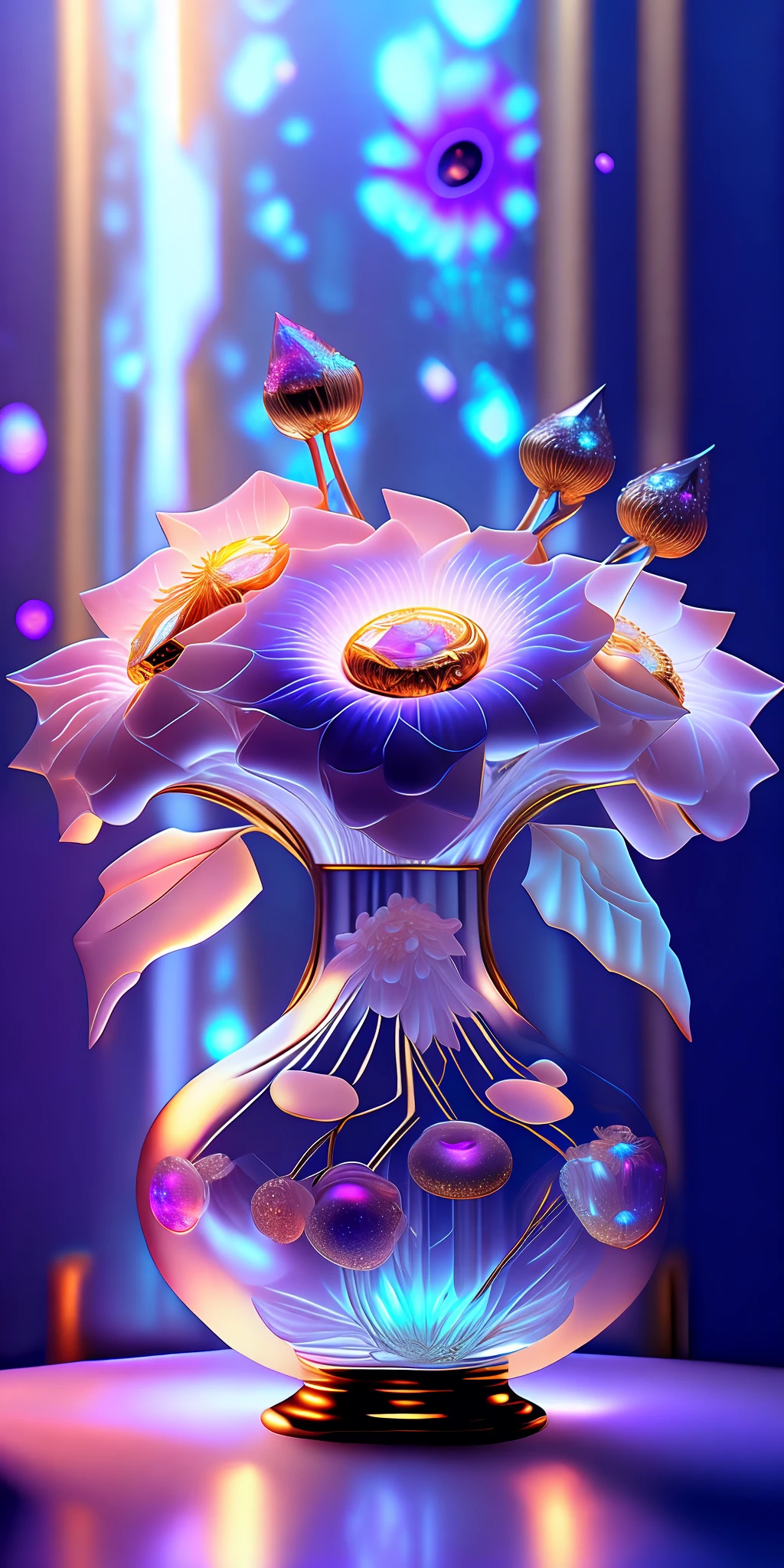 masterpiece, best quality, bouquet of heavenly flowers in a crystal vase, cyberpunk style, (((complex background))), (((intricate details))), ultra details, (((photorealistic))), cinematic, unreal engine 5 rendered, a 3d render lighting, dynamic lighting, (glow with reflections and refractions lighting), ((diamond effect)), flare spots, brighter,