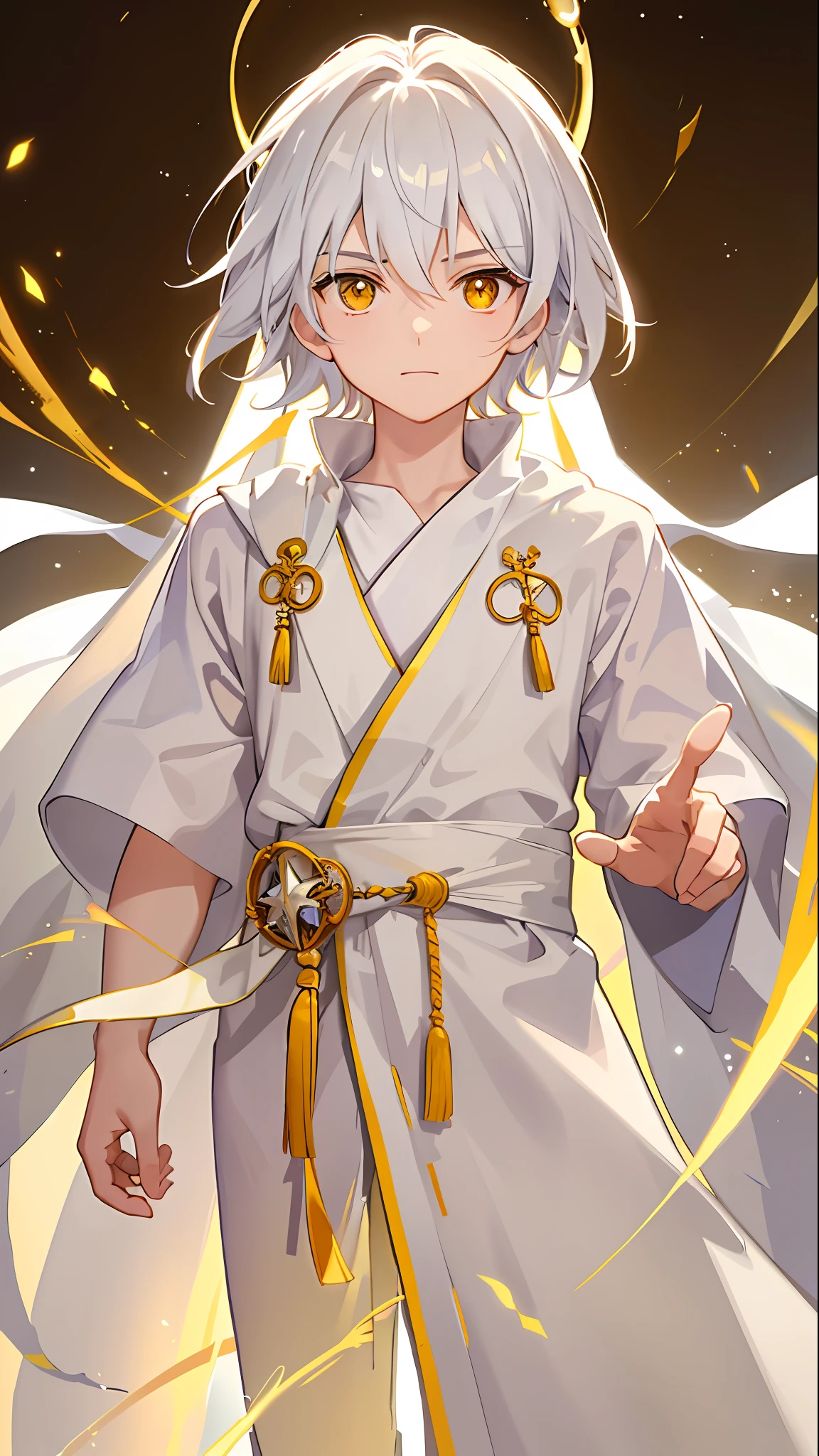 Boy, wearing white robe, glowing yellow eyes, looking down, shining light in back ground, floating,
