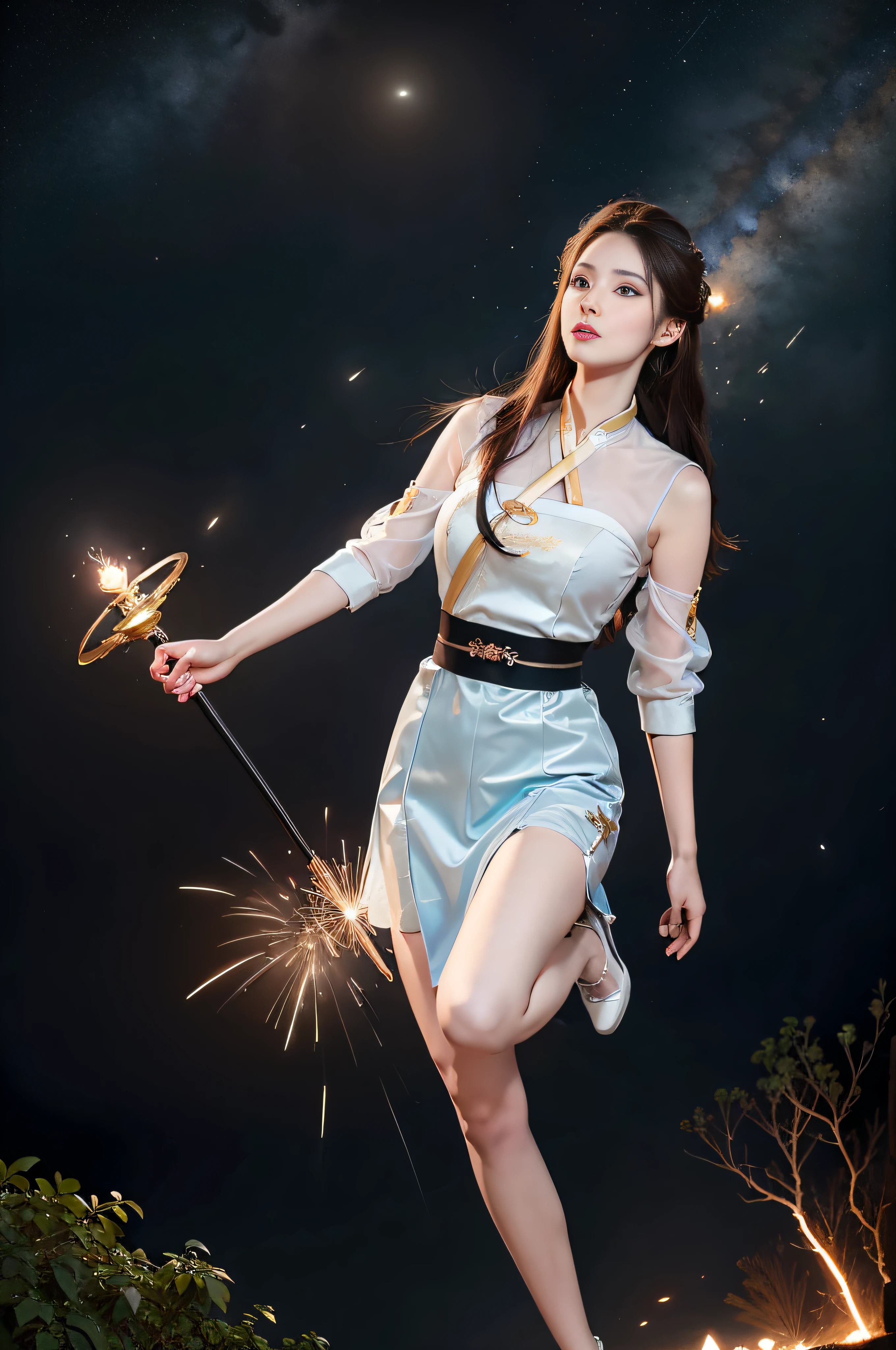 1girl, solo, light blue eyes, brown hair, holding a golden scepter, (HP: 1), running under the stars, full body, (official set: 1.5), dullyarts, dust background details, eye details, ore disease lesions \ (ark of tomorrow\), (realism: 1.4), official art, unreal 8k wallpaper, super detailed, beautiful aesthetics, masterpiece, best quality, (dynamic angle: 1.4), (floating colorful sparks: 1.2), elegant, bright colors, romanticism, Sexy, transparent, sheer, Chinese Hanfu, chestless, transparent skirt