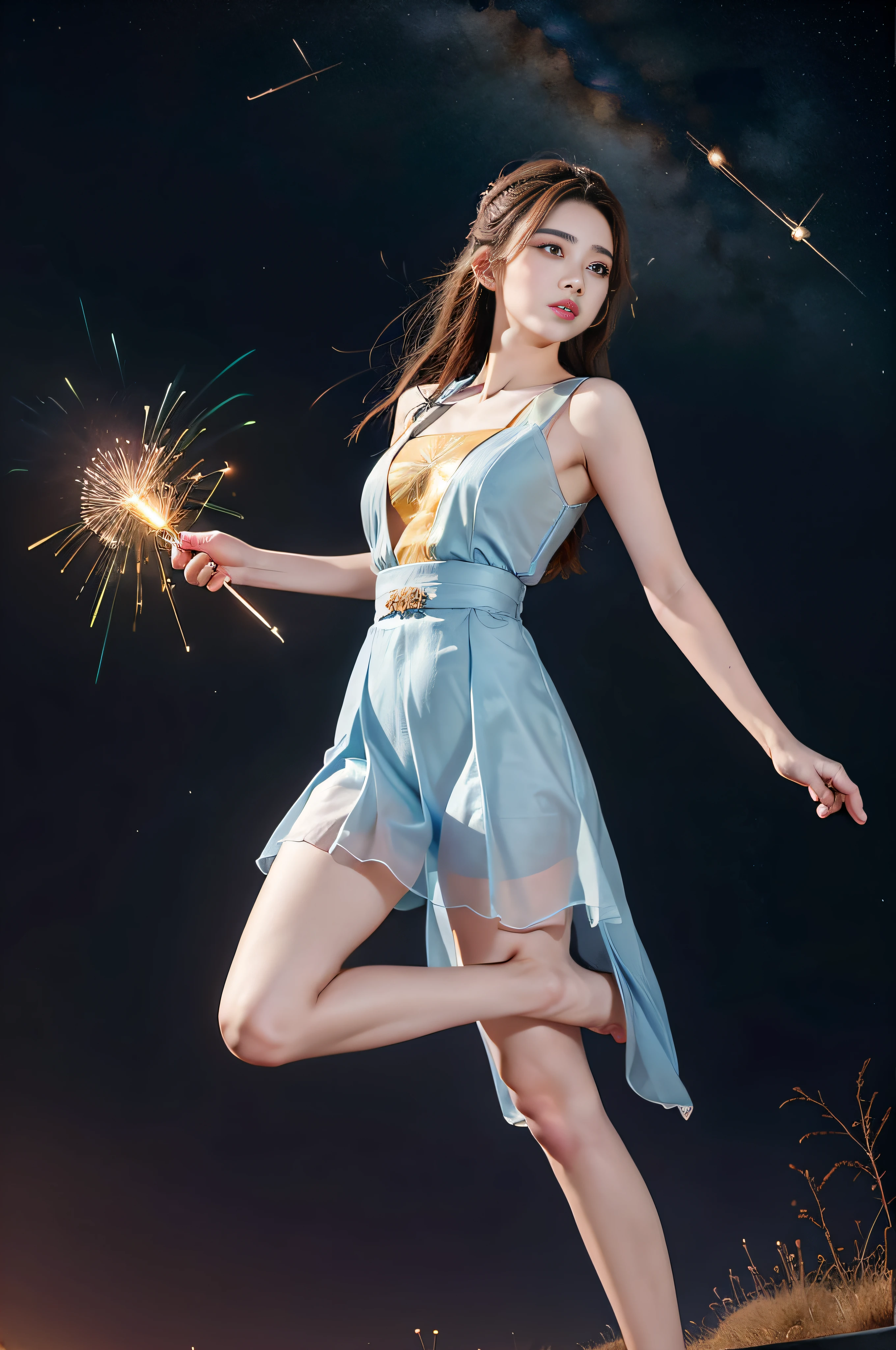 1girl, solo, light blue eyes, brown hair, holding a golden scepter, (HP: 1), running under the stars, full body, (official set: 1.5), dullyarts, dust background details, eye details, ore disease lesions \ (ark of tomorrow\), (realism: 1.4), official art, unreal 8k wallpaper, super detailed, beautiful aesthetics, masterpiece, best quality, (dynamic angle: 1.4), (floating colorful sparks: 1.2), elegant, bright colors, romanticism, Sexy, transparent, sheer, Chinese Hanfu, chestless, transparent skirt
