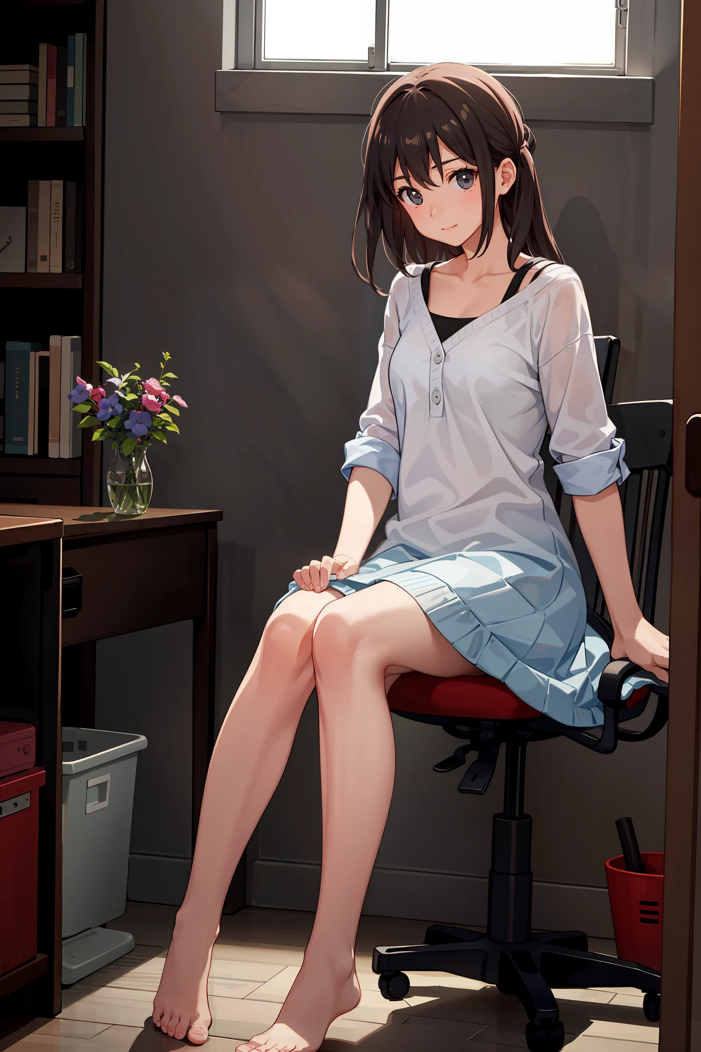 A girl in the room, sitting in front of the window, the sun is shining, the girl is masturbating