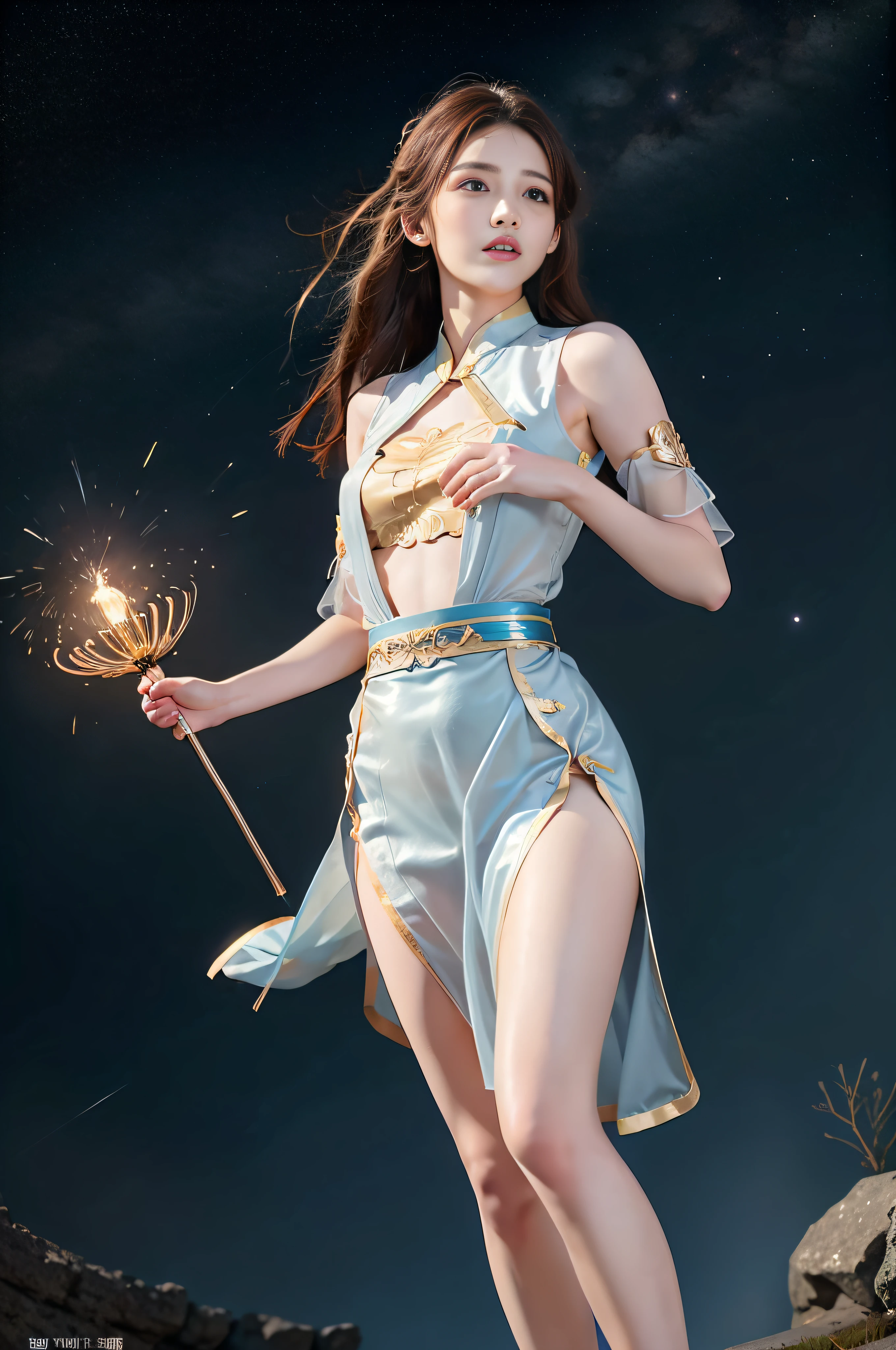1girl, solo, light blue eyes, brown hair, holding a golden scepter, (HP: 1), running under the stars, full body, (official set: 1.5), dullyarts, dust background details, eye details, ore disease lesions \ (ark of tomorrow\), (realism: 1.4), official art, unreal 8k wallpaper, super detailed, beautiful aesthetics, masterpiece, best quality, (dynamic angle: 1.4), (floating colorful sparks: 1.2), elegant, bright colors, romanticism, Sexy, transparent, sheer, Chinese Hanfu, chestless, transparent skirt