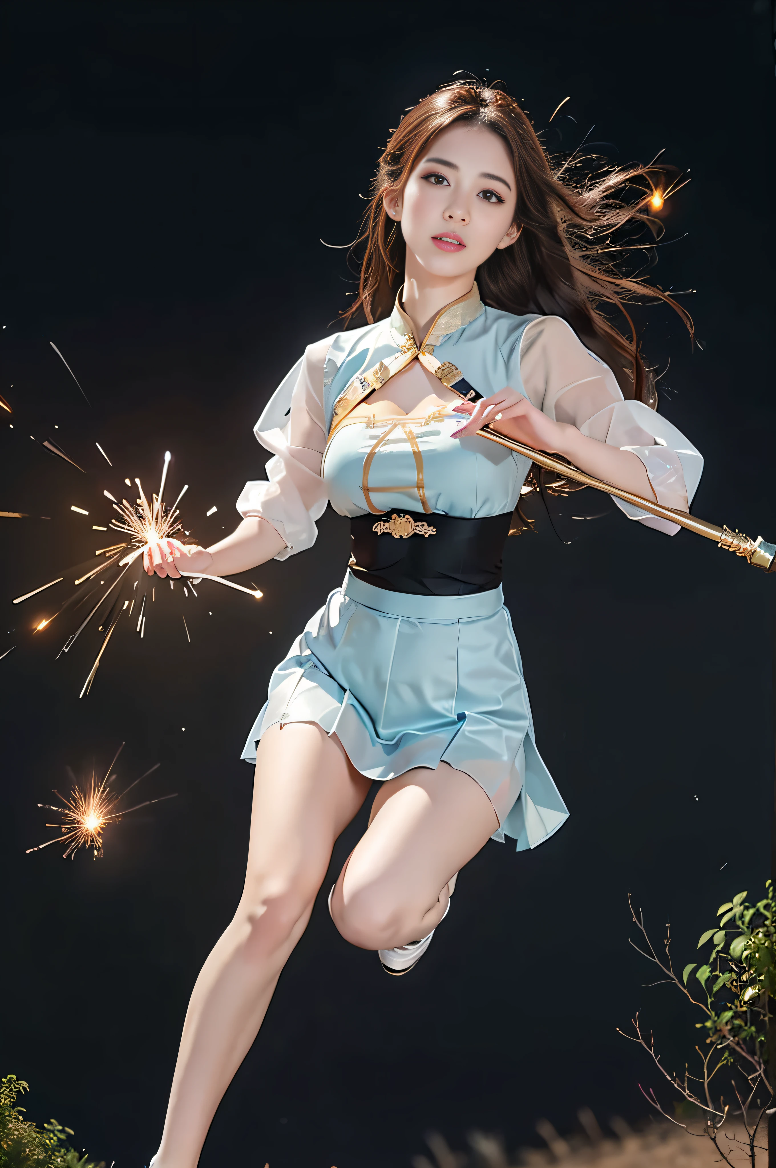 1girl, solo, light blue eyes, brown hair, holding a golden scepter, (HP: 1), running under the stars, full body, (official set: 1.5), dullyarts, dust background details, eye details, ore disease lesions \ (ark of tomorrow\), (realism: 1.4), official art, unreal 8k wallpaper, super detailed, beautiful aesthetics, masterpiece, best quality, (dynamic angle: 1.4), (floating colorful sparks: 1.2), elegant, bright colors, romanticism, Sexy, transparent, sheer, Chinese Hanfu, chestless, transparent skirt