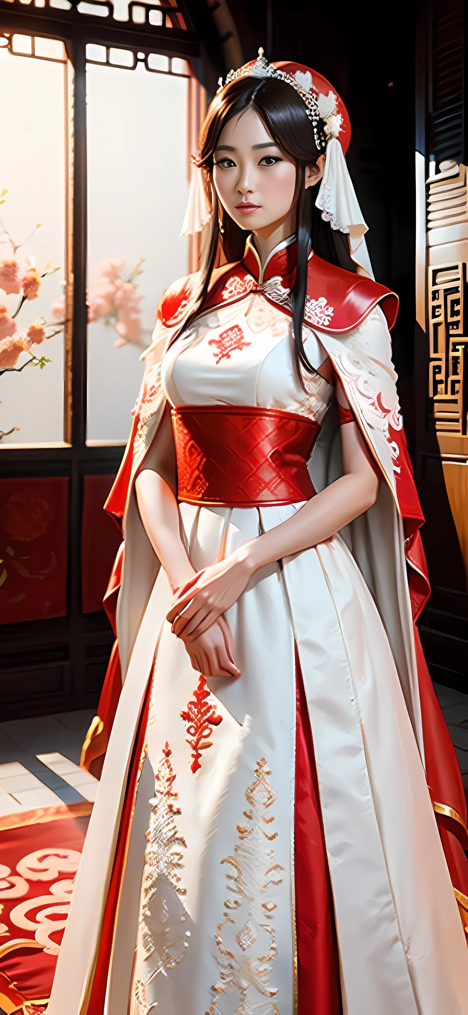 Tall, Cool and beautiful, A bride wearing a red Chinese wedding dress waiting to be married, 8k