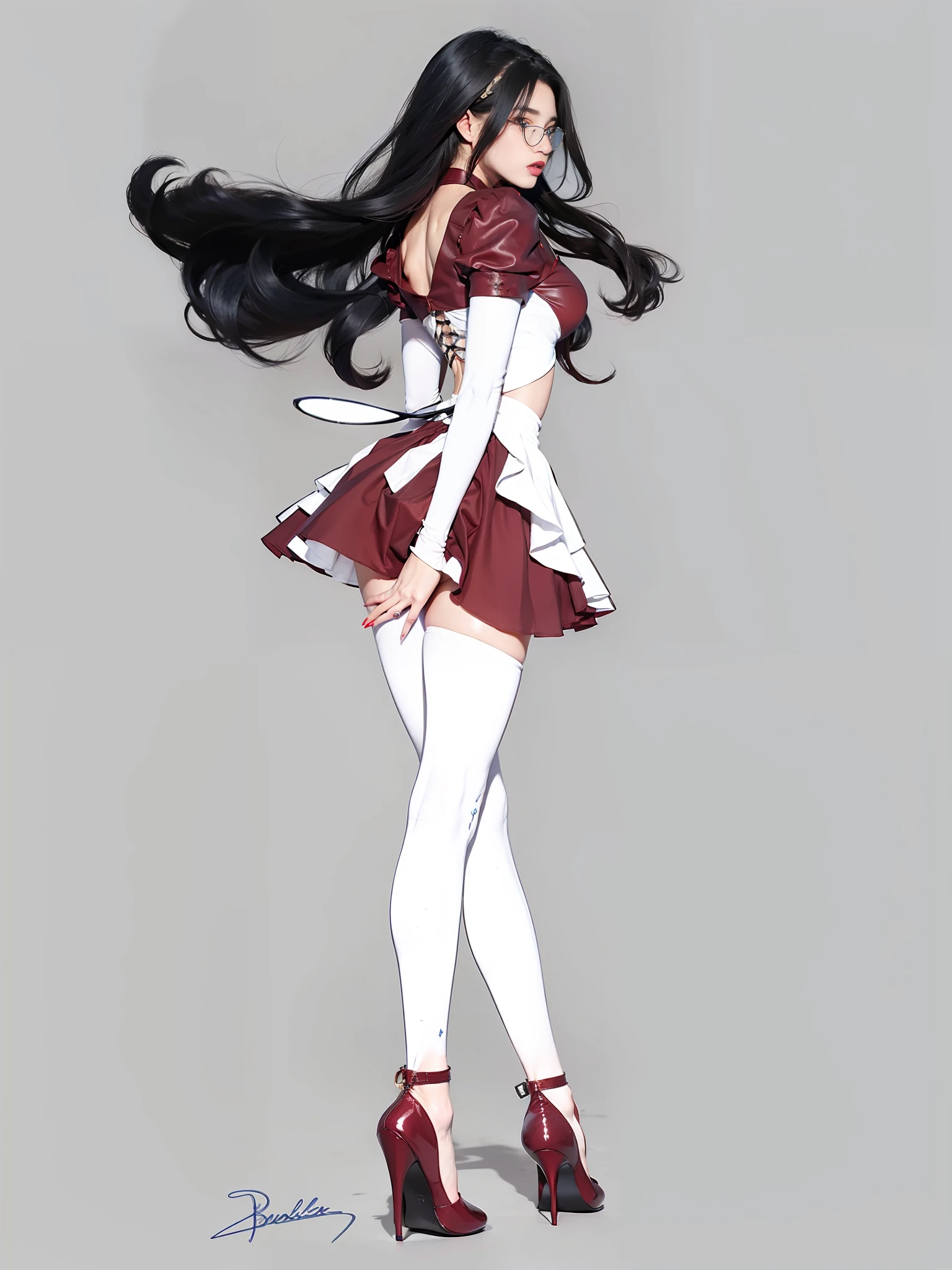 (female:1.2) (bodybuilder:0.8), hyper realistic, masterpiece, photorealistic, real skin, detailed face, detailed skin, detailed lighting, 1girl, (blue eyes), large breasts, long hair, black hair, red lips, amazing pose, full body, thigh high, glasses, body facing backwards