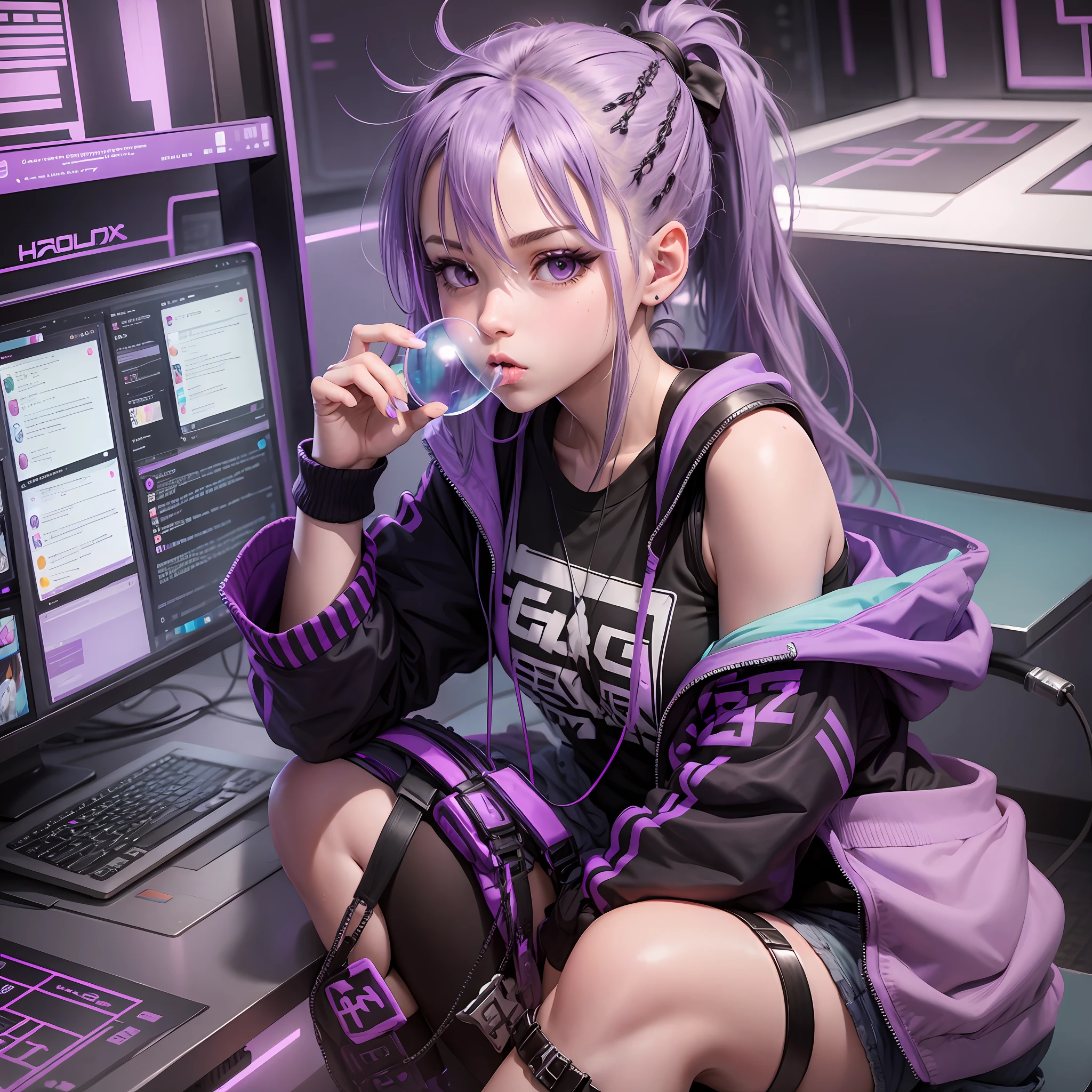 Single ponytail
Purple hair
Shorts
Cute girl
Hacker
Chewing bubble gum
Playing games
Obsession
Playful --auto --s2