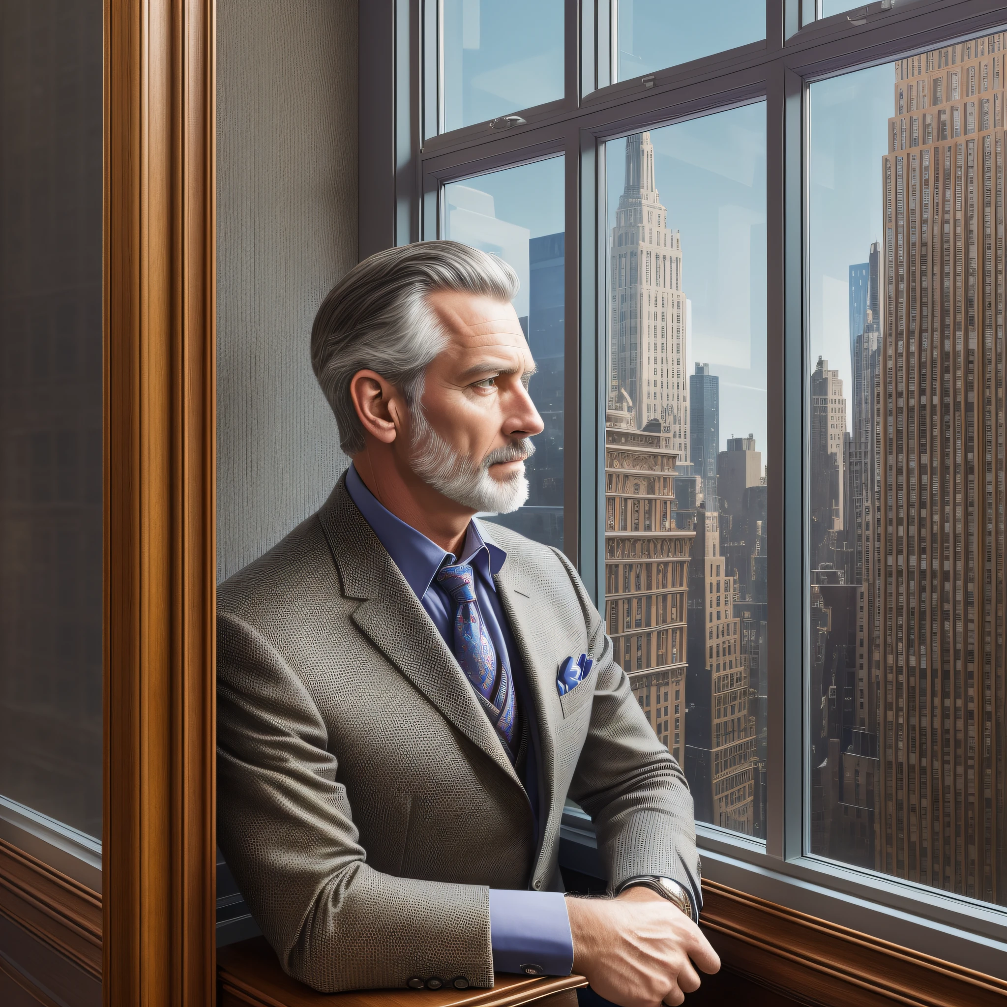 hyper-realistic portrait, intricate details, (western man, 50 years old), (well dressed), in the window of an office in New York, (with thoughtful and fixed gaze on the horizon), (side view), (full body), (thoughtful), surreal colors on a dazzling horizon, sublime lighting --auto --s2