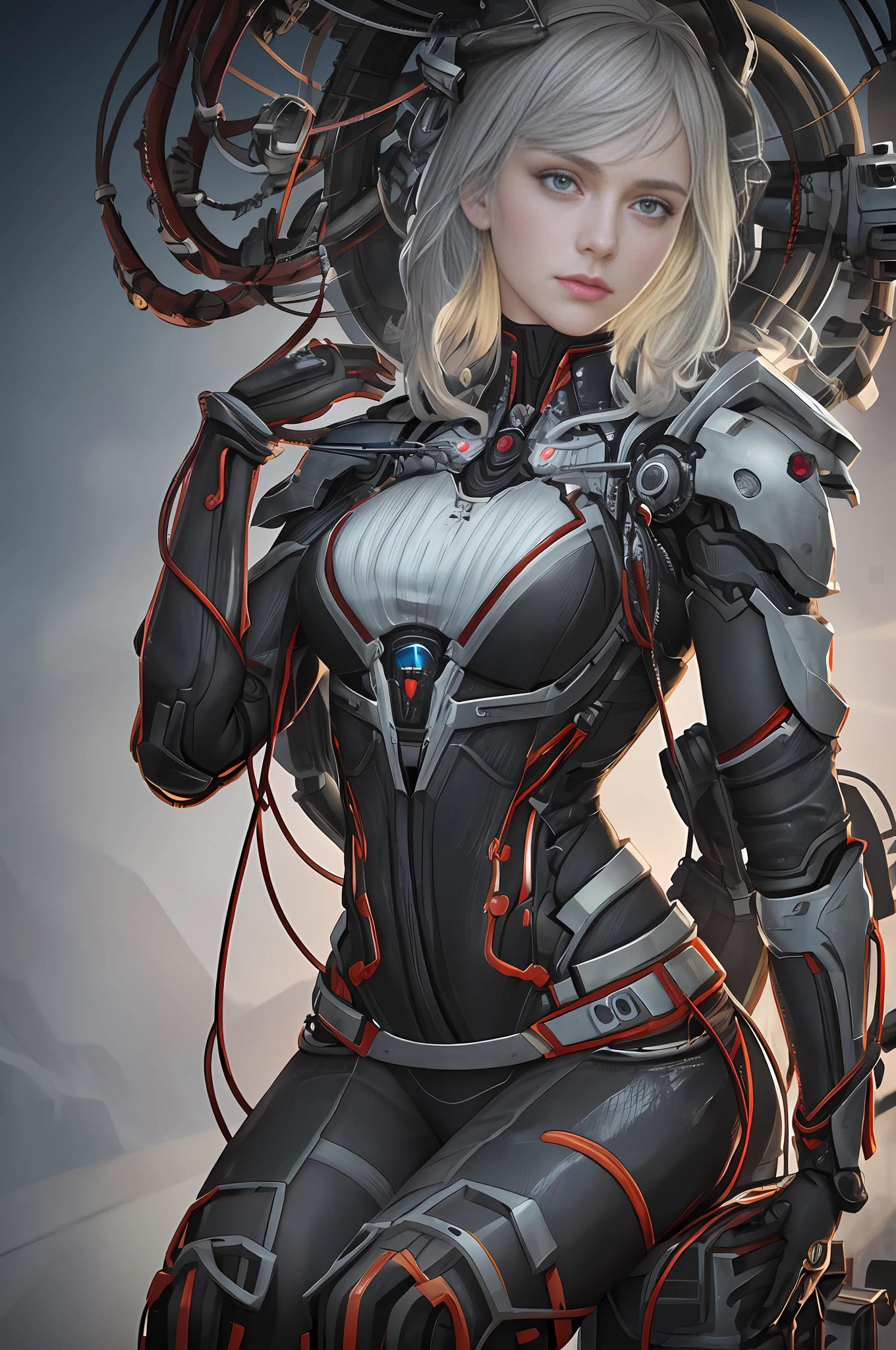 1mechanical girl,((ultra realistic details)), portrait, global illumination, shadows, octane render, 8k, ultra sharp,metal,intricate, ornaments detailed, cold colors, egypician detail, highly intricate details, realistic light, trending on cgsociety, glowing eyes, facing camera, neon details, machanical limbs,blood vessels connected to tubes,mechanical vertebra attaching to back,mechanical cervial attaching to neck,sitting,wires and cables connecting to head