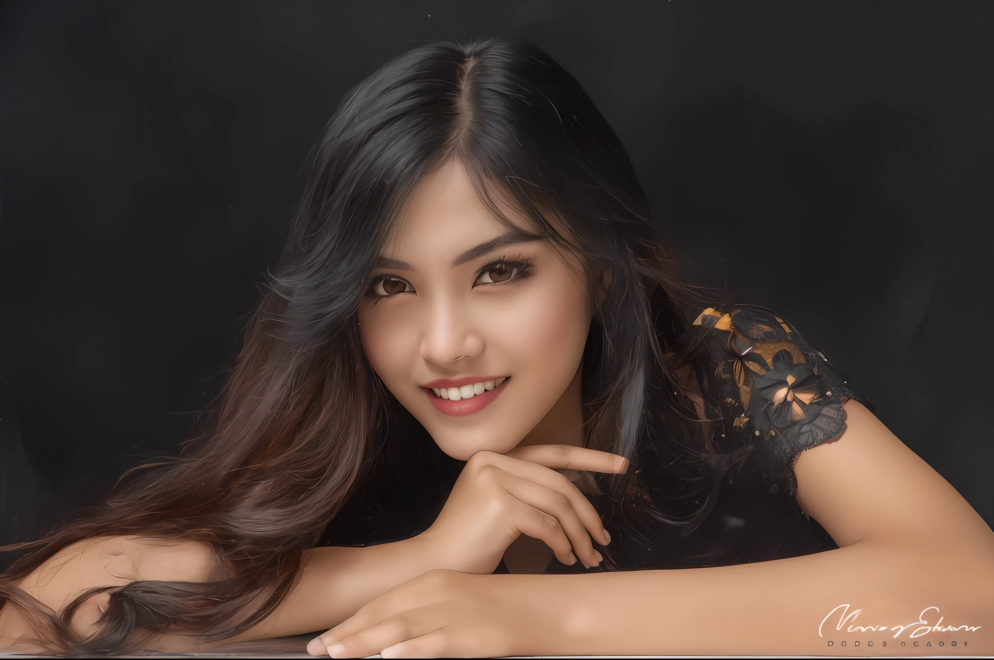 arafed woman with long black hair posing for a picture, nivanh chanthara, close - up studio photo, with a seductive smile, studio photography portrait, portrait of modern darna, photoshoot portrait, portrait image, photo taken with nikon d750, photo taken with nikon d 7 5 0, south east asian with round face, studio portrait photography