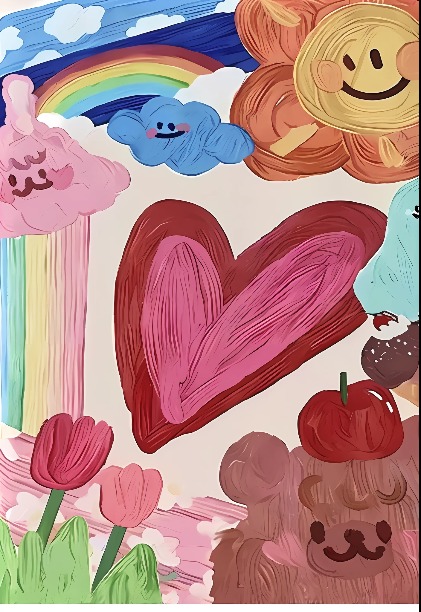 painting of a child's drawing of a rainbow, sun, clouds, and a bear, inspired by Jim Dine, pastel style painting, official artwork, colorful picture, official art, colourful drawing, inspired by Philip Guston, a child's drawing, paint swirl aesthetic, colorful drawing, illustrated in whimsical style, rainbow gouache, by Nishida Shun'ei