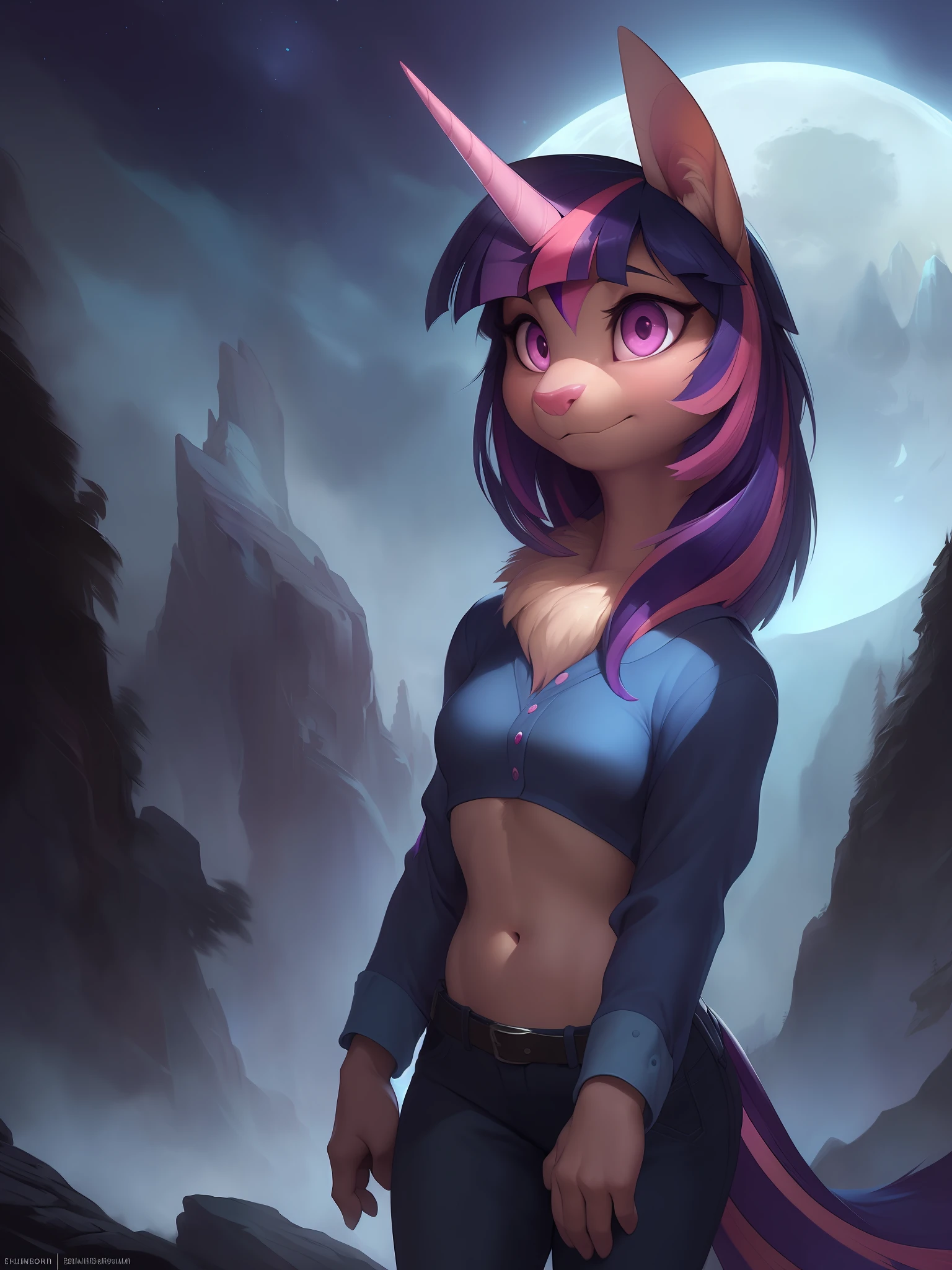 uploaded on e621, by Pixelsketcher, by Bayard Wu, by Thomas Benjamin Kennington, by Einshelm, solo (((wildlife feral))) (((twilight sparkle))) with ((neck tuft)) and (fluffy tail) and ((clear navy pink eyes)), (( portrait)), BREAK, ((wear blue shirt and dark jeans)), (detailed Chunie purple pony unicorn), (detailed Bonifasko lighting), (detailed fur), (detailed skin), BREAK, ((standing on the top of a mountain n full moon night)), (cinematic lighting), ((detailed background)), (((full view))), (half body shadow), [backlighting], [crepuscular ray], [detailed ambient light], [gray natural lighting], [ambient light on the belly], (higher wildlife feral detail), [realistic proportions], [explict content], [sharp focus], (questionable content), (shaded), ((masterpiece)), BREAK