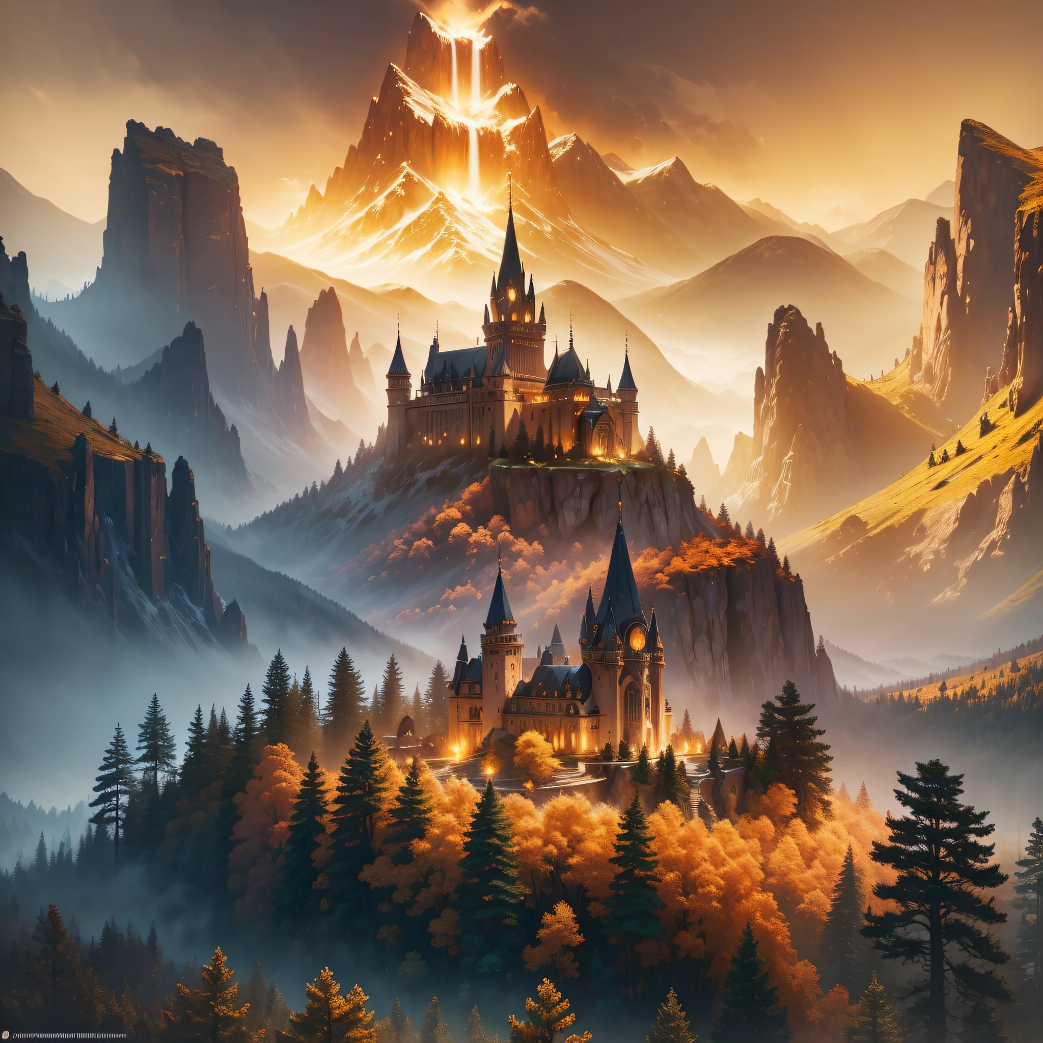 ((masterpiece)), (best quality), (detailed), A grand and fantastical scene illuminated by the golden hour. Towering mountain ranges stretch into the distance, their peaks touched by the warm glow of the setting sun. Multiple cascading waterfalls cascade down rocky cliffs, creating a symphony of flowing water. In the midst of this breathtaking landscape, a mysterious castle stands tall, its ancient stones whispering tales of forgotten kingdoms. The composition employs a cinematic lens, capturing the grandeur and immensity of the scene. Digital artwork, concept art, epic fantasy, golden lighting, immersive atmosphere. --auto --s2