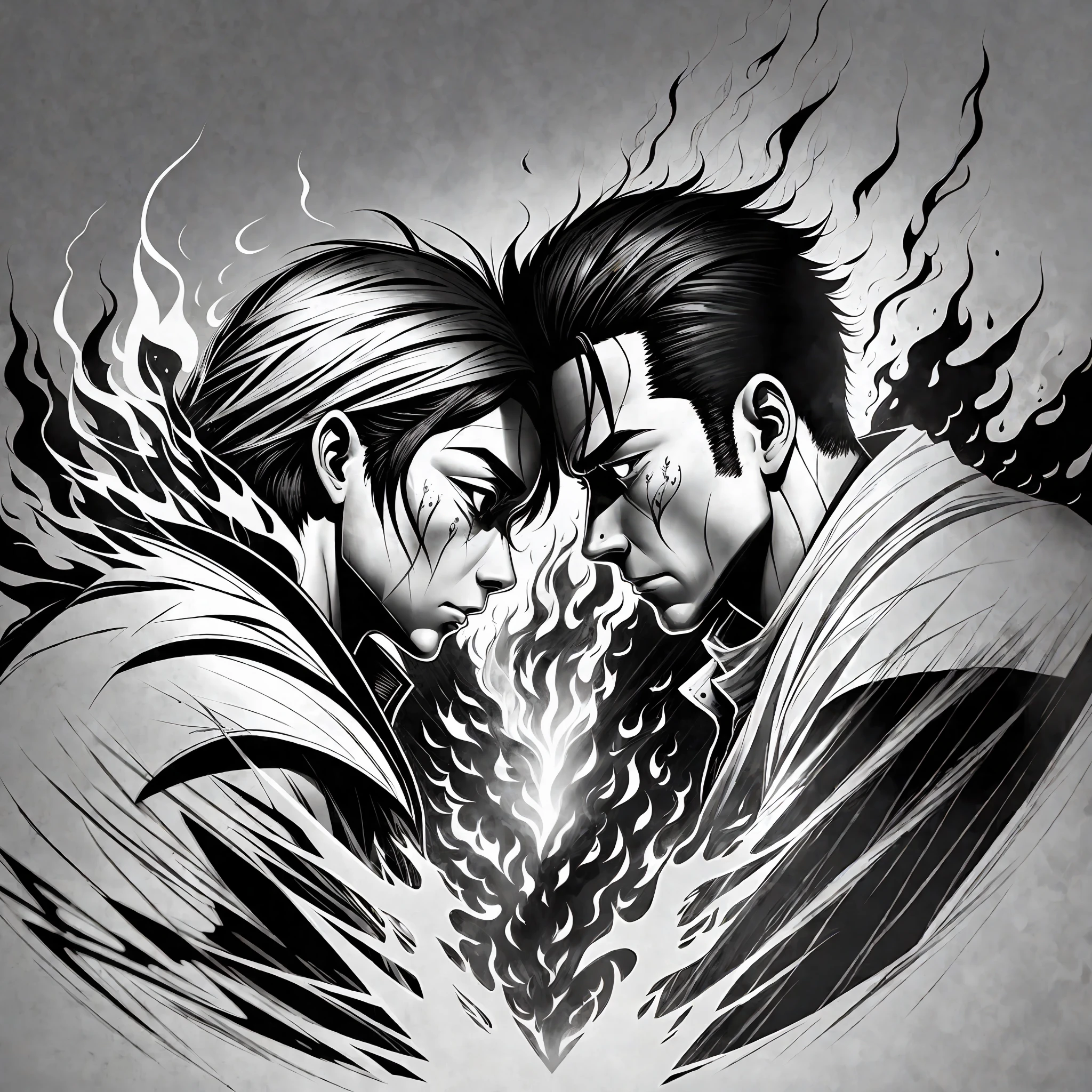 Movie promotional poster, black and white style, tears, flame, fusion, pure black and white elements, one black and one white two men facing off --auto --s2