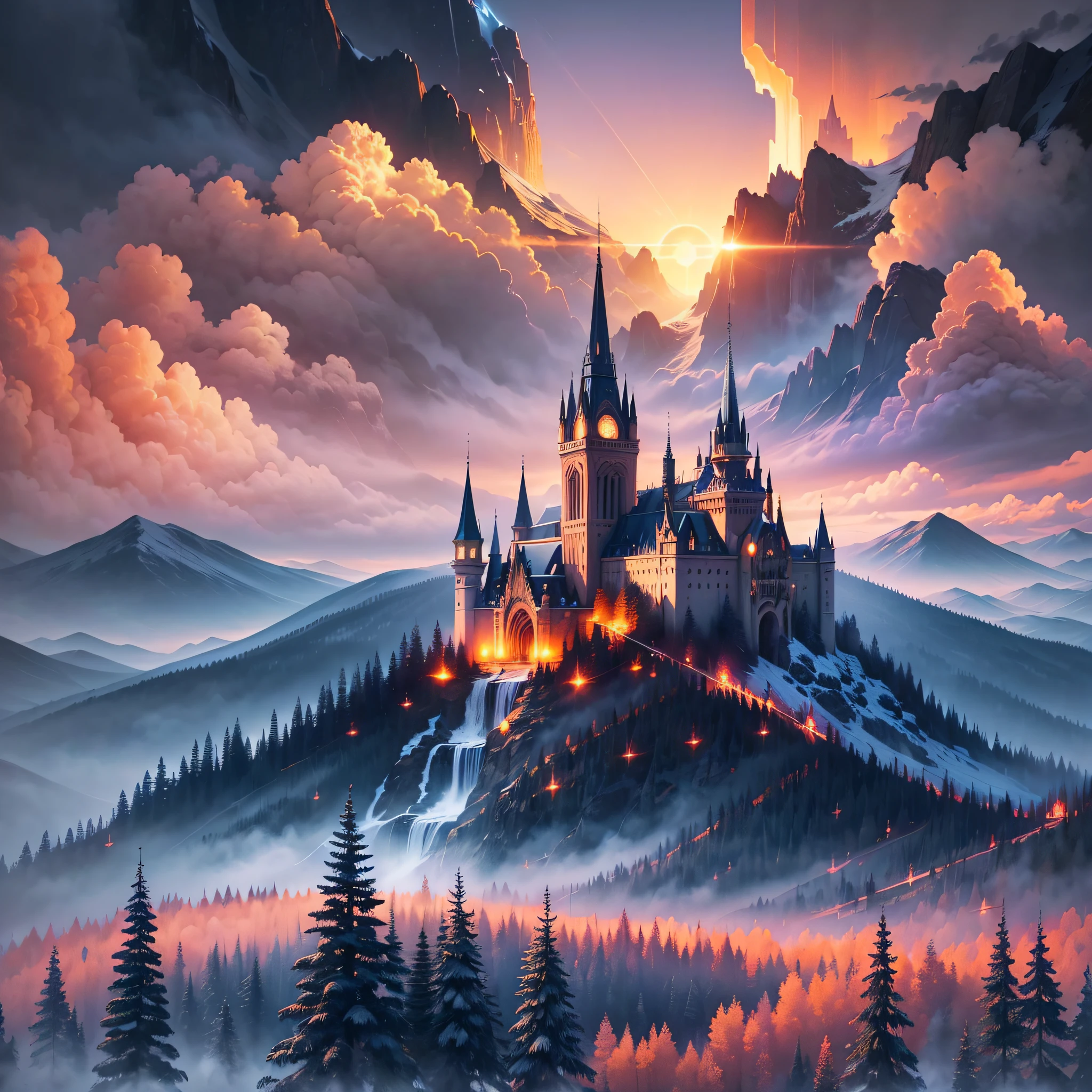 ((masterpiece)), (best quality), (detailed), A mesmerizing painting depicting a majestic fantasy landscape during the golden hour. Towering mountain peaks covered in mist create a sense of awe and mystery. The cascading waterfalls flow gracefully, their crystal-clear waters reflecting the warm hues of the setting sun. In the distance, a mysterious castle stands atop a hill, its spires reaching towards the sky. The composition follows the golden section, ensuring a harmonious balance of elements. Digital illustration, atmospheric lighting, ethereal atmosphere, fantasy realm, magical ambiance. --auto --s2