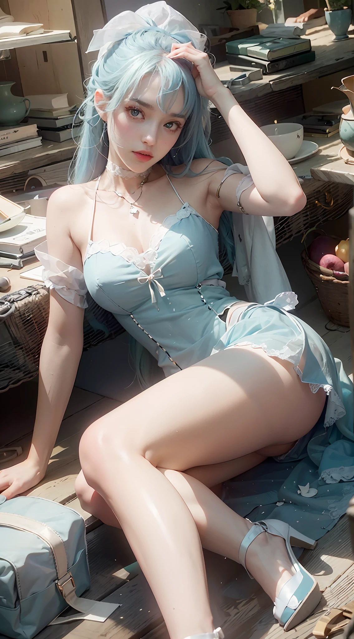 ((Best Quality)), ((Masterpiece)), (Details: 1.4), 3D, A Beautiful Beauty, (Long Light Blue Hair, Ribbon: 1.9), (Plain White Long Dress: 1.7), (Crystal High Heels: 1.6) (Green Eyes: 1.5), HDR (High Dynamic Range), Ray Tracing, NVIDIA RTX, Super-Resolution, Unreal 5, Subsurface Scattering, PBR Textures, Post-processing, Anisotropic filtering, depth of field, maximum sharpness and sharpness, multi-layer textures, albedo and specular mapping, surface shading, accurate simulation of light-material interactions, perfect proportions, Octane Render, bicolor light, large aperture, low ISO, white balance, rule of thirds, 8K RAW,