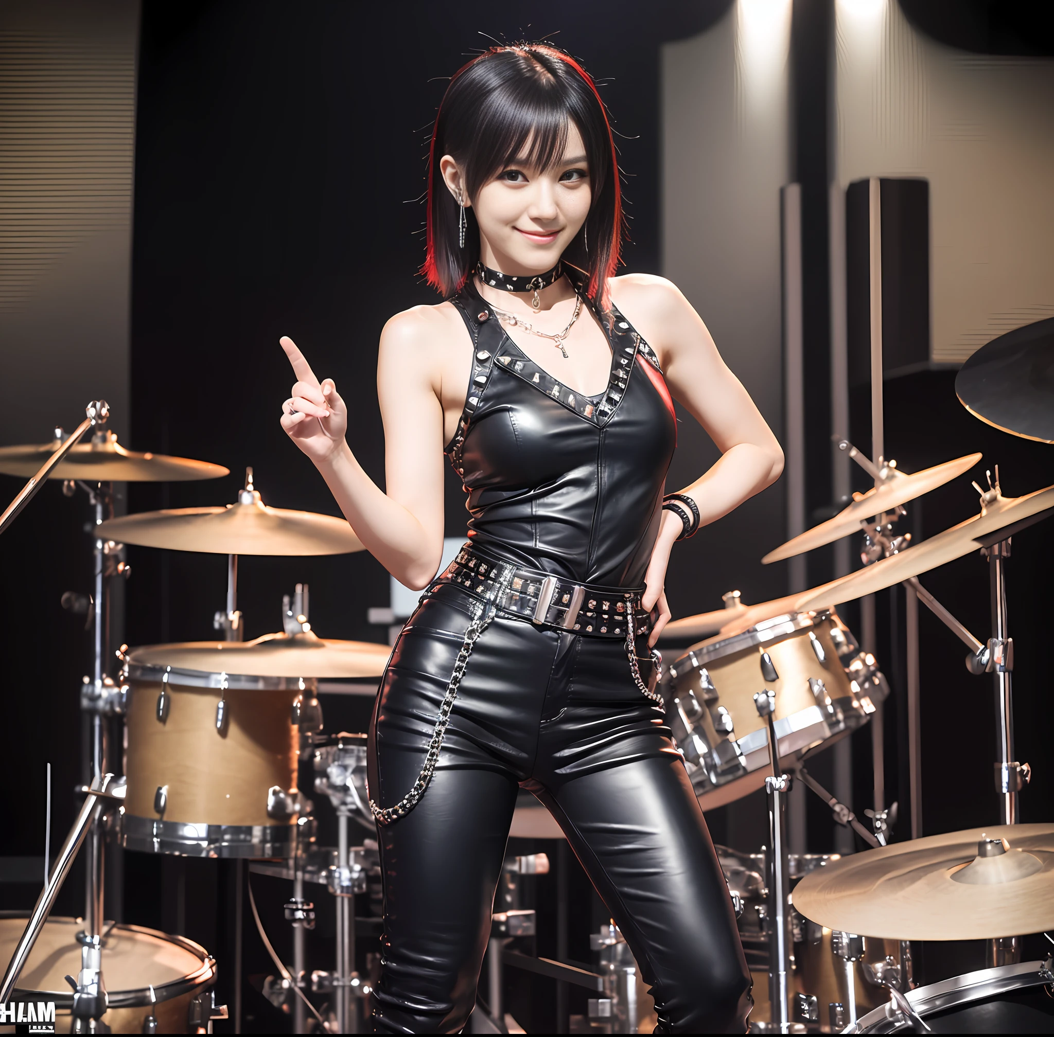best quality, ultra high res, 1 japanese beautiful girl, sleeveless leather shirt with stud, ((standing behind the drums)), hand on her back, black leather pants, chain choker, ((sad smile)), (black and red hair:1), looking at viewer, full body, facing front