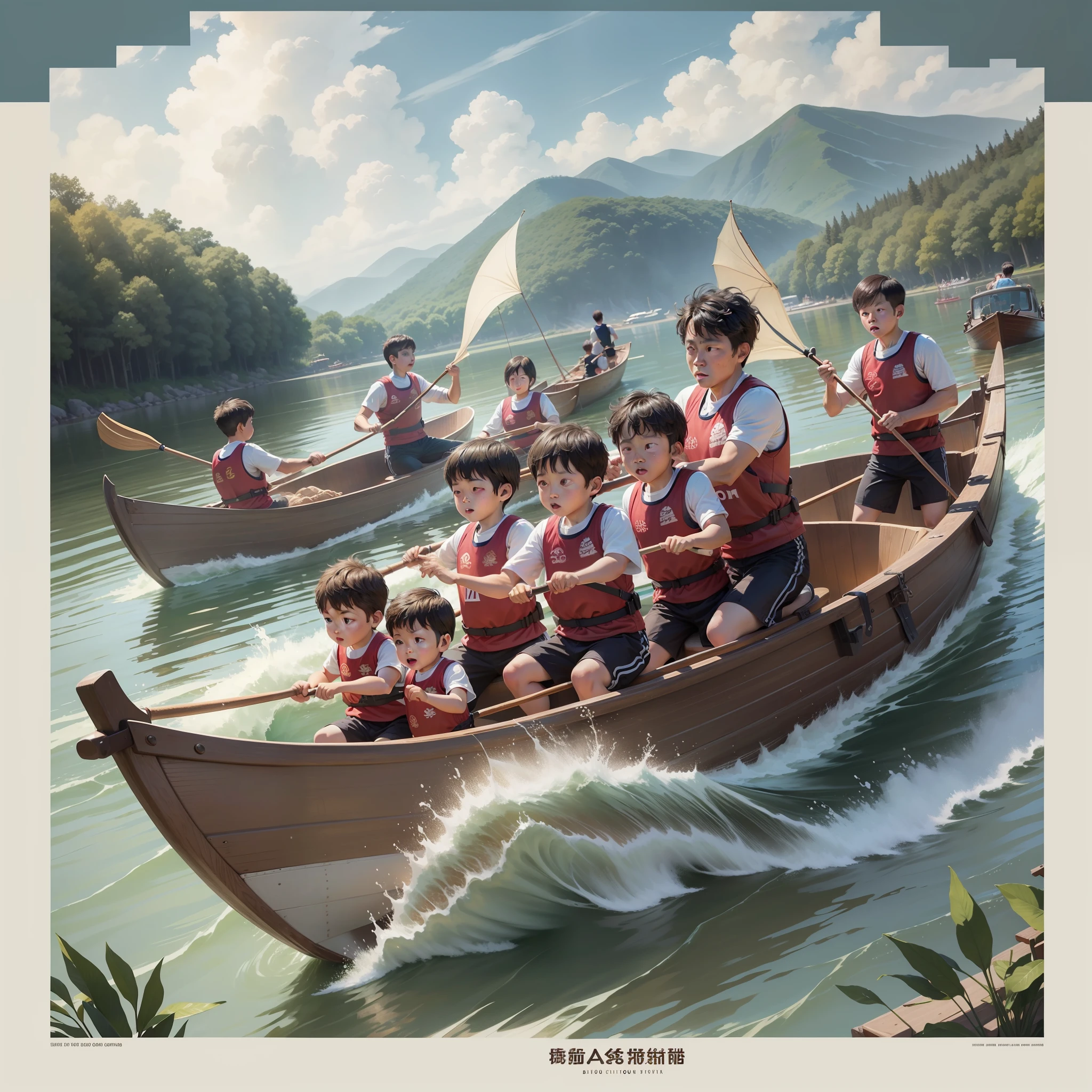 Realistic style, on the river, there are several boats, some in front and some in the back, there are cute boys rowing the boat, rowing competitions, dragon boats, Dragon Boat Festival theme, posters, best quality, big eyes boy with double eyelids