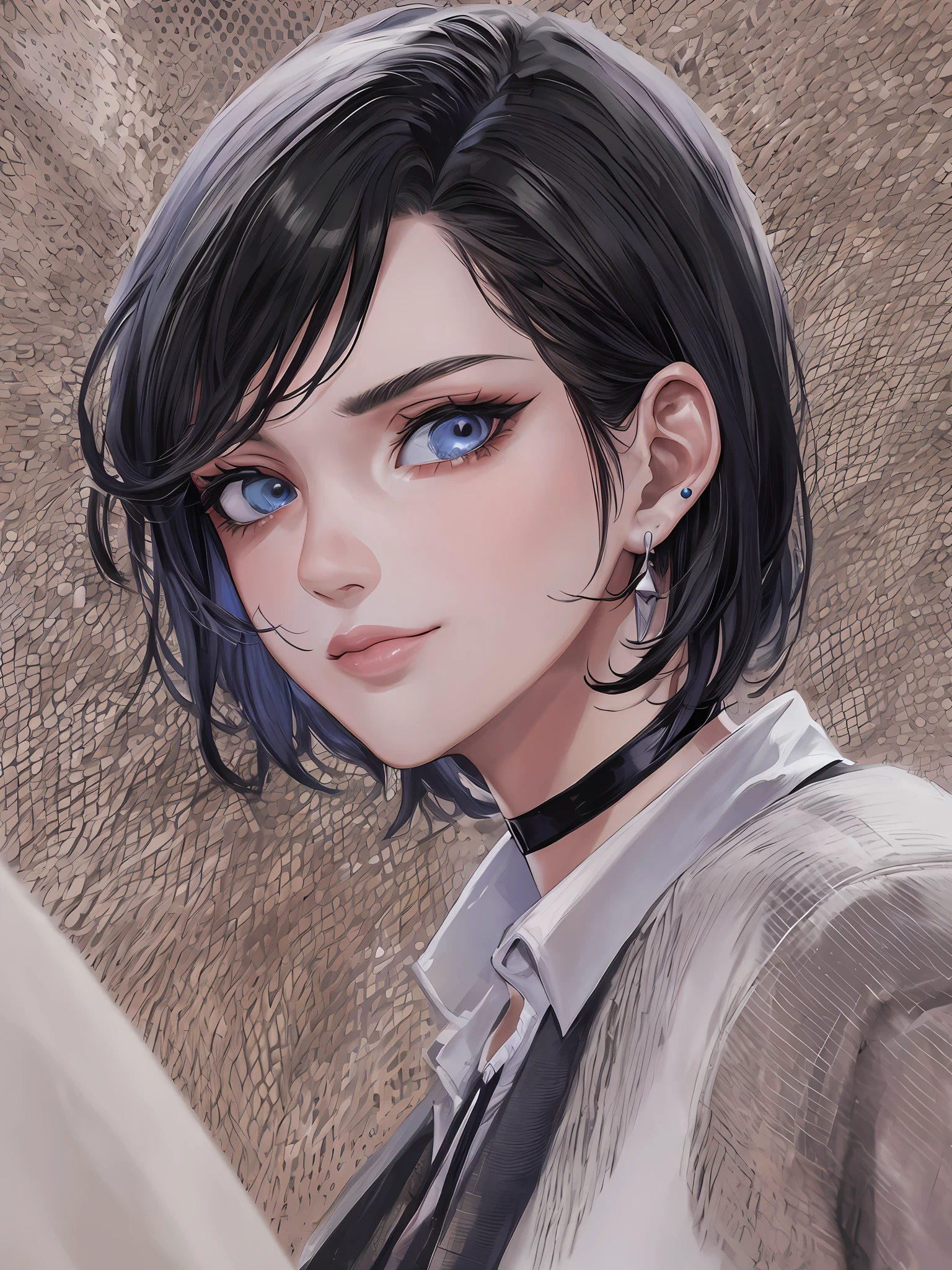 "(cartoon, painting style) portraying a mature woman wearing a masculine white button up and black formal pants, fancy earrings, light blue eyes, choker, short wavy black hair stylized into a wolfcut in a portrait, close-up, succulent defined lips, defined neck, looking at the viewer, coy smirk, blank background, accentuating the heavy makeup - resulting in a masterpiece of the best possible quality."