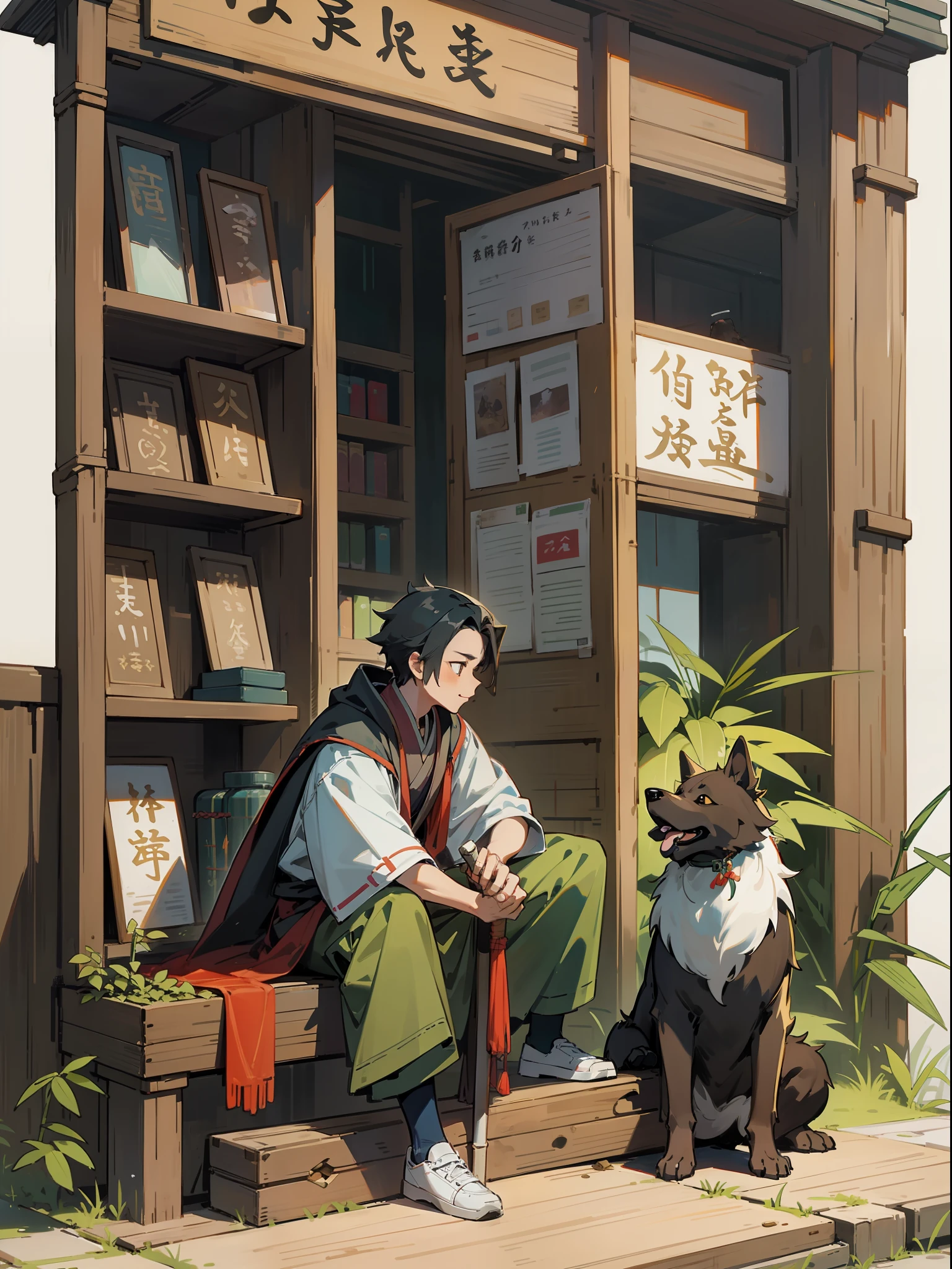 Traveler, holding a long bamboo pole, with a dog, the dog sits down and sticks out his tongue, the hero squats down and pets the dog, the background is an ancient store, 4K, high quality, details, better integration into the background