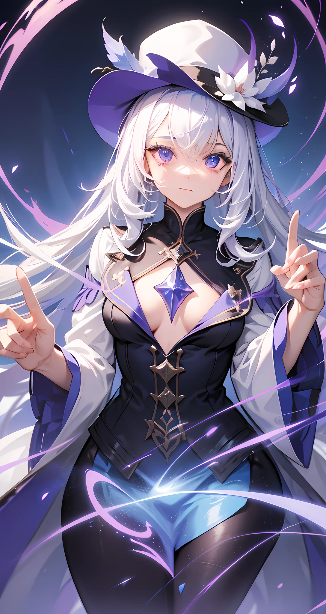 A teenage girl, single person, Medium-sized chest, white hair, Wears a magician hat, Purple eye, Staff in hand, combat posture, Magic effects, Light effect, Exquisite blue sky, Robe, cinematic lighting, ray tracing, high details, best quality, ccurate, anatomically correct, 4K
