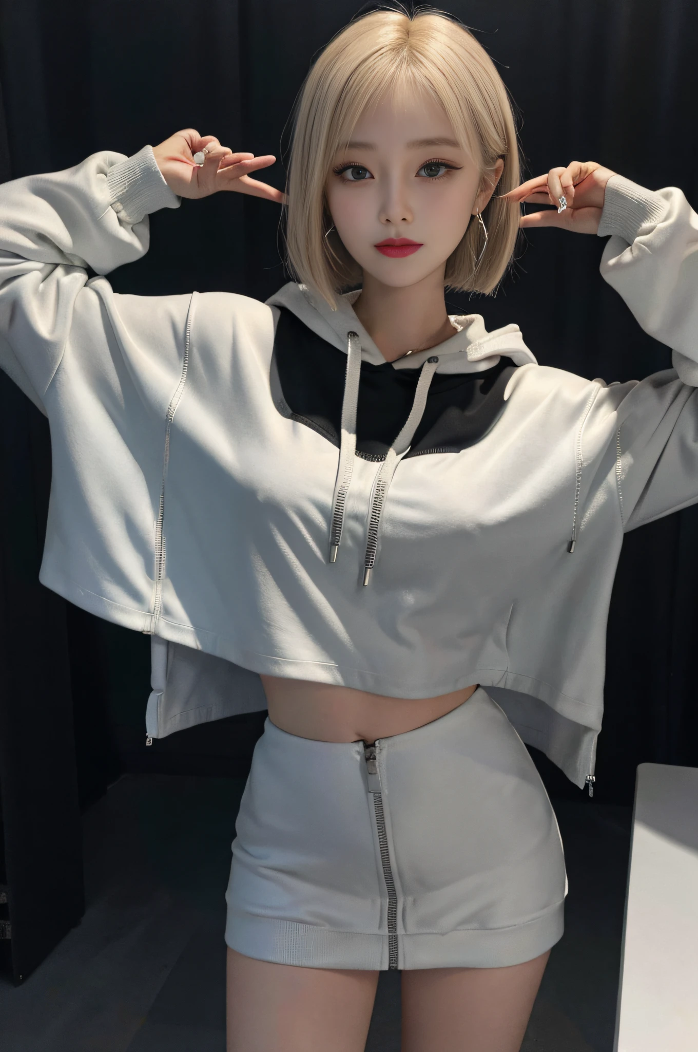 8K RAW photos, 17-year-old cool Korean, big round breasts, cleavage, cropped length zip hoodie with open front, cropped length top, skirt, beautiful eyes in detail, eyelashes, beautiful double eyelids, eyeshadow, slit eyes, sanpaku eyes, perfect eye makeup, kizara smile, beautiful thin legs, bright blonde hair, bob cut, earrings,