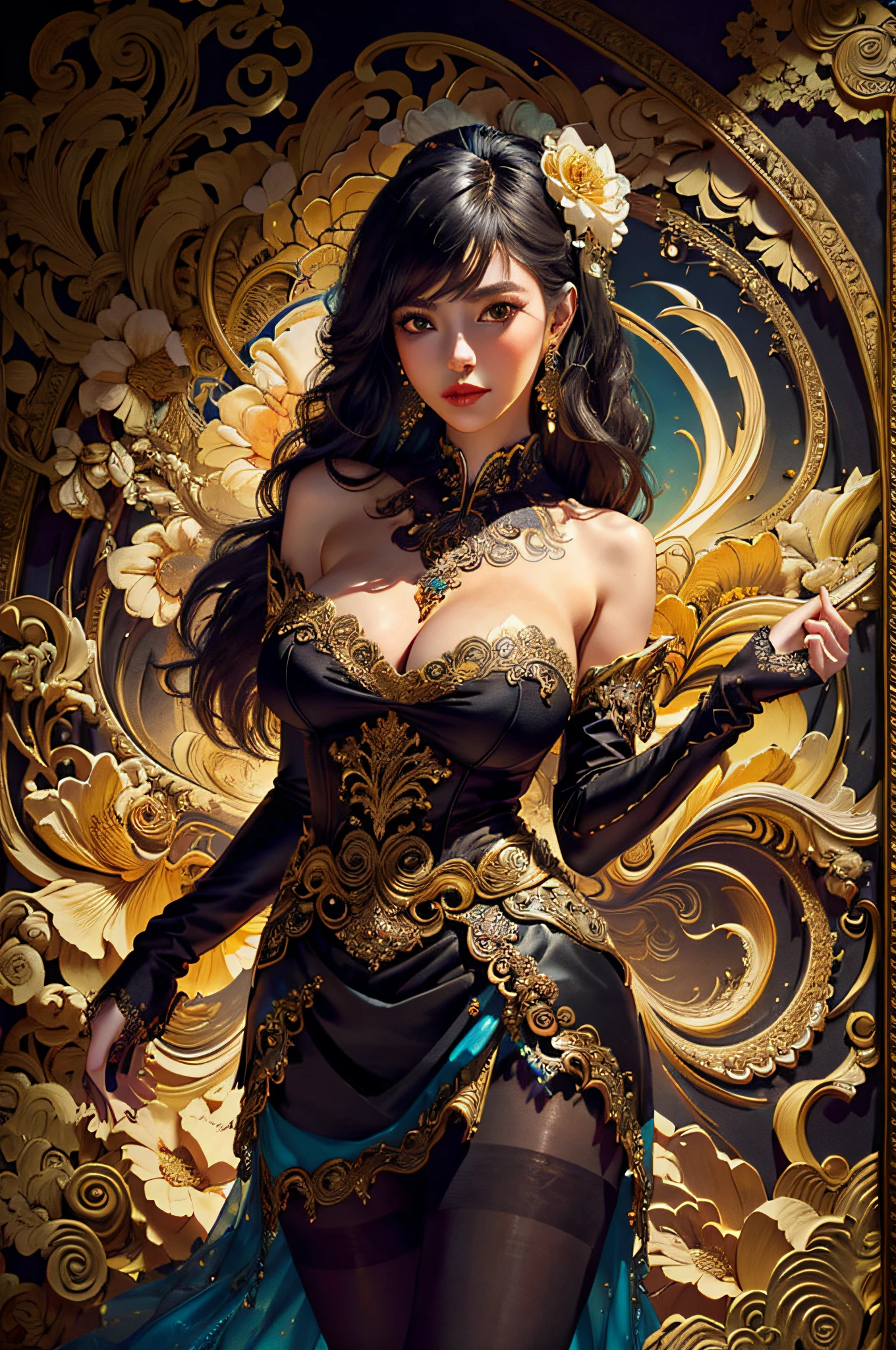 (Masterpiece, Top Quality, Best Quality, Official Art, Beauty and Aesthetics: 1.2), (1girl: 1.3), Very Detailed, (Fractal Art: 1.1), (Color: 1.1) (Flowers: 1.3), Most Detailed, (Zentangle: 1.2), (Dynamic Pose), (Abstract background: 1.3), (Chinese Dress: 1.2), (Shiny Skin), ( many colors:1.4), ,(earrings:1.4), 16k, award-winning photos, extremely detailed, amazing, fine details, ridiculous, 20 years old, sexy theme, high detail, extremely detailed eyes and face, glare eyes, (((black pantyhose)))), (((short skirt))), (((suit))), good hips and long legs, beautiful face, perfect face shape, perfect body, oversize model, mature woman, (((high and long legs))), (((very large breasts))), perfect for wearing tight, simple clothes, high heels, photography 4 Kodak Portra 400 camera F1. 6 colorful lenses, ultra-realistic textures, dramatic lighting IrrealEngine ArtStation Cinestill 800 Tungsten Lamp on the trend, ((((full))), there is a woman sitting in a chair in the room, Masterpiece: 1.2, best quality, Ultra high resolution, realism, ultra-realistic detail, clear focus, (real pictures, fine production, depth of field), solo, beautiful girl, masterpiece: 1.2,