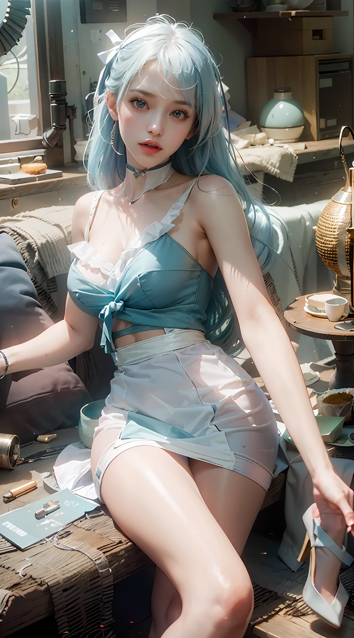 ((Best Quality)), ((Masterpiece)), (Details: 1.4), 3D, A Beautiful Beauty, (Long Light Blue Hair, Ribbon: 1.9), (Plain White Long Dress: 1.7), (Crystal High Heels: 1.6) (Green Eyes: 1.5), HDR (High Dynamic Range), Ray Tracing, NVIDIA RTX, Super-Resolution, Unreal 5, Subsurface Scattering, PBR Textures, Post-processing, Anisotropic filtering, depth of field, maximum sharpness and sharpness, multi-layer textures, albedo and specular mapping, surface shading, accurate simulation of light-material interactions, perfect proportions, Octane Render, bicolor light, large aperture, low ISO, white balance, rule of thirds, 8K RAW,