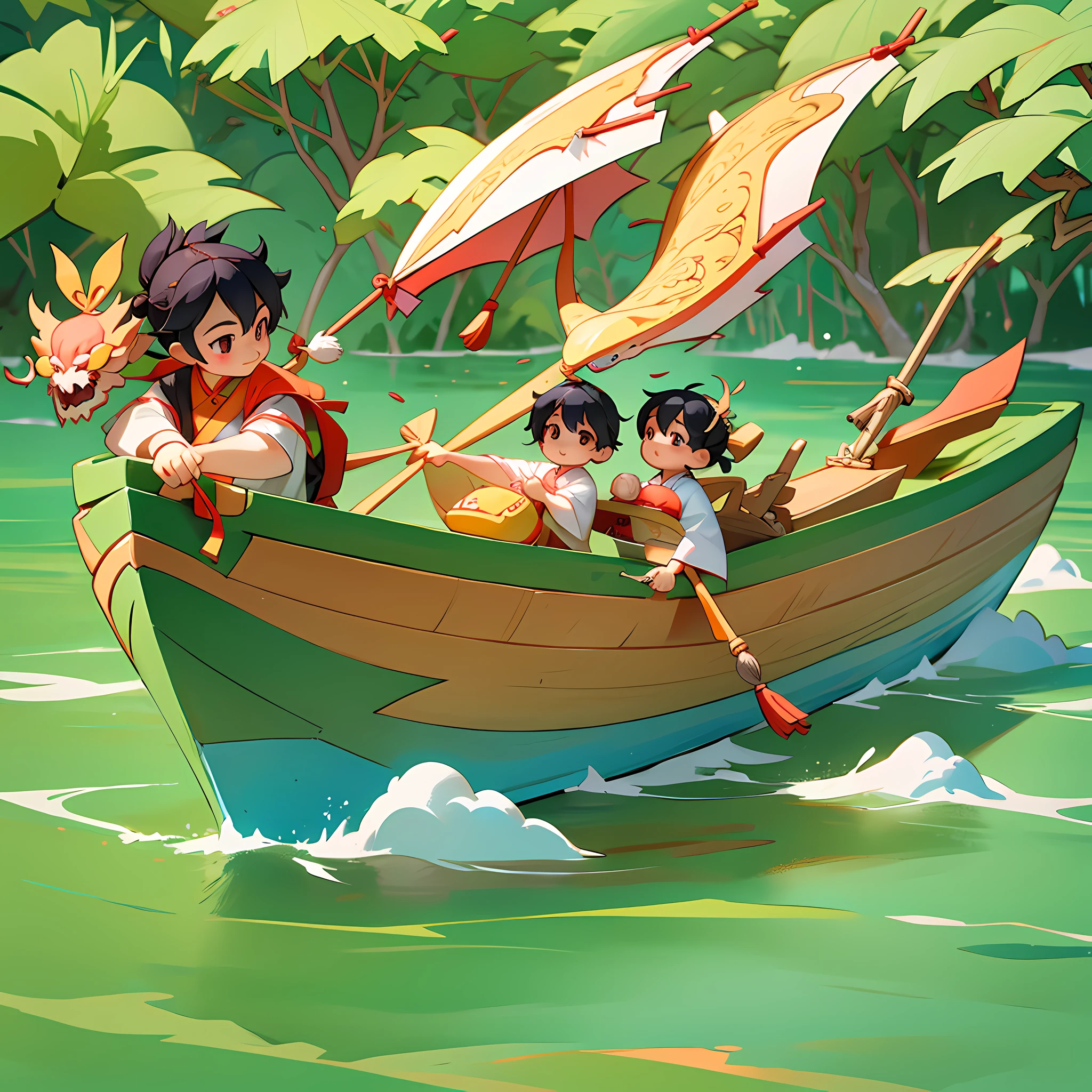 Dragon Boat Festival Chinese cute little boy and little girl racing dragon boat wooden boat dragon dragon dragon