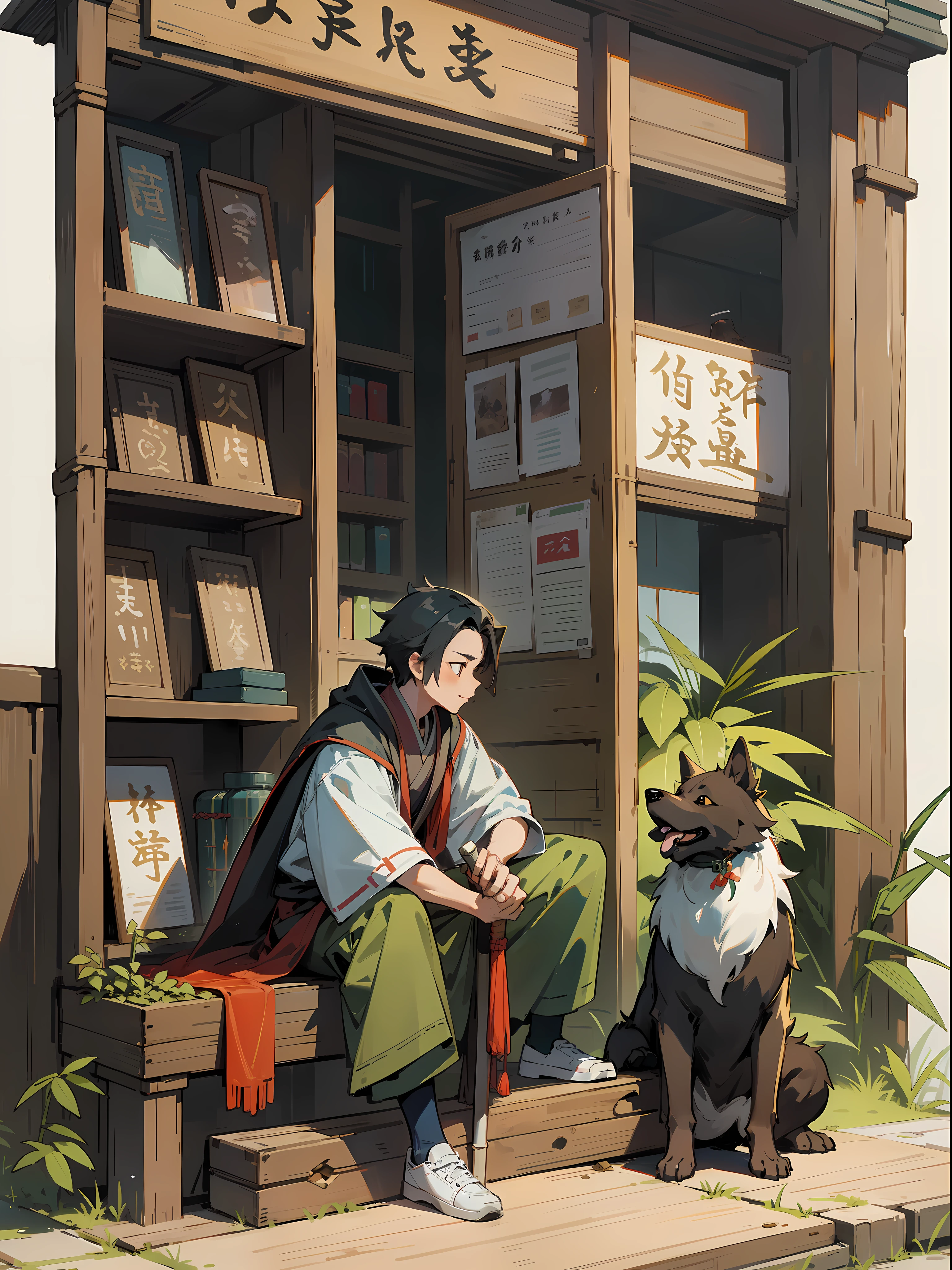 Traveler, holding a long bamboo pole, with a dog, the dog sits down and sticks out his tongue, the hero squats down and pets the dog, the background is an ancient store, 4K, high quality, details, better integration into the background