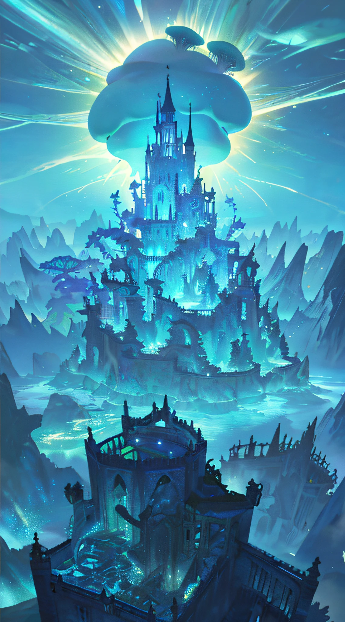 Masterpiece, High Quality, Ocean Forest, City, Fantastic Fantasy, Glowing Plants, Coral Viaduct, (Swarm of Glowing Jellyfish), (Shoal of Fish with Transparent Wings Flying in the Sky), Misty, Extreme Detail, Morning Light, Epic Composition, (Intricate Detail), (Intricate Design, Ultra Detail: 1.2), Art Station, (Masterpiece, Best Quality), Ultra HD, 32k ,castle,relic ,(Underworld),Underground --v 6