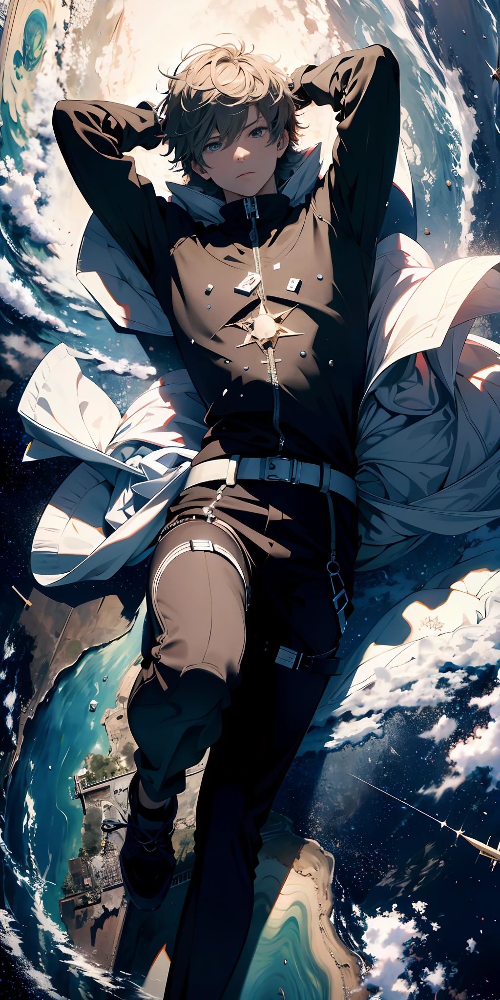 Absurd resolution, high resolution, (masterpiece:1.4), ultra-detailed, 1 man, seen from above, space, floating