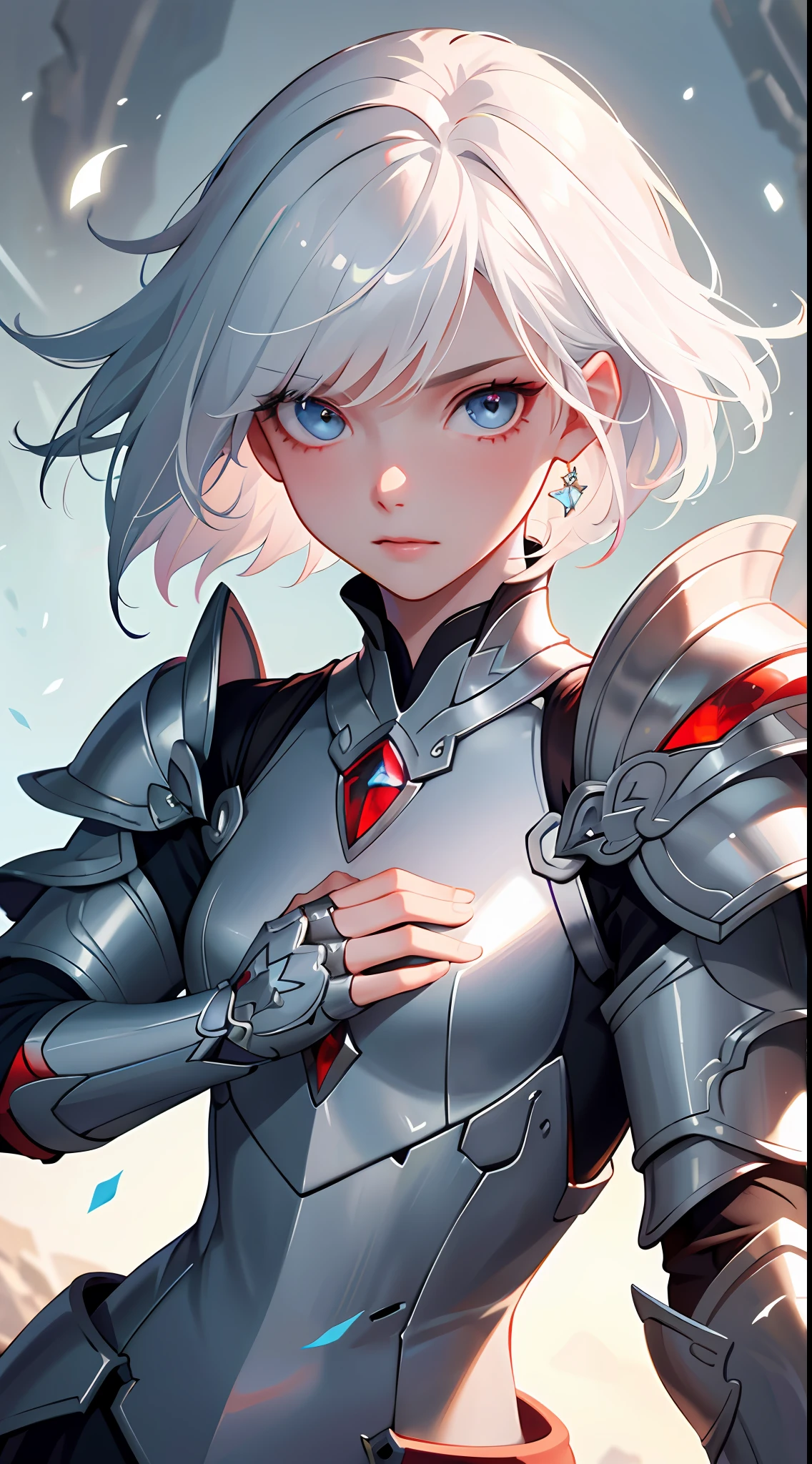 (best quality), (masterpiece), 1 girl, upper body, detailed eyes, detailed armor, hiqcgbody, medium chest, white hair, eye color-red, perfect face, fantasy background, depth of field, look at the viewer, motion blur ,