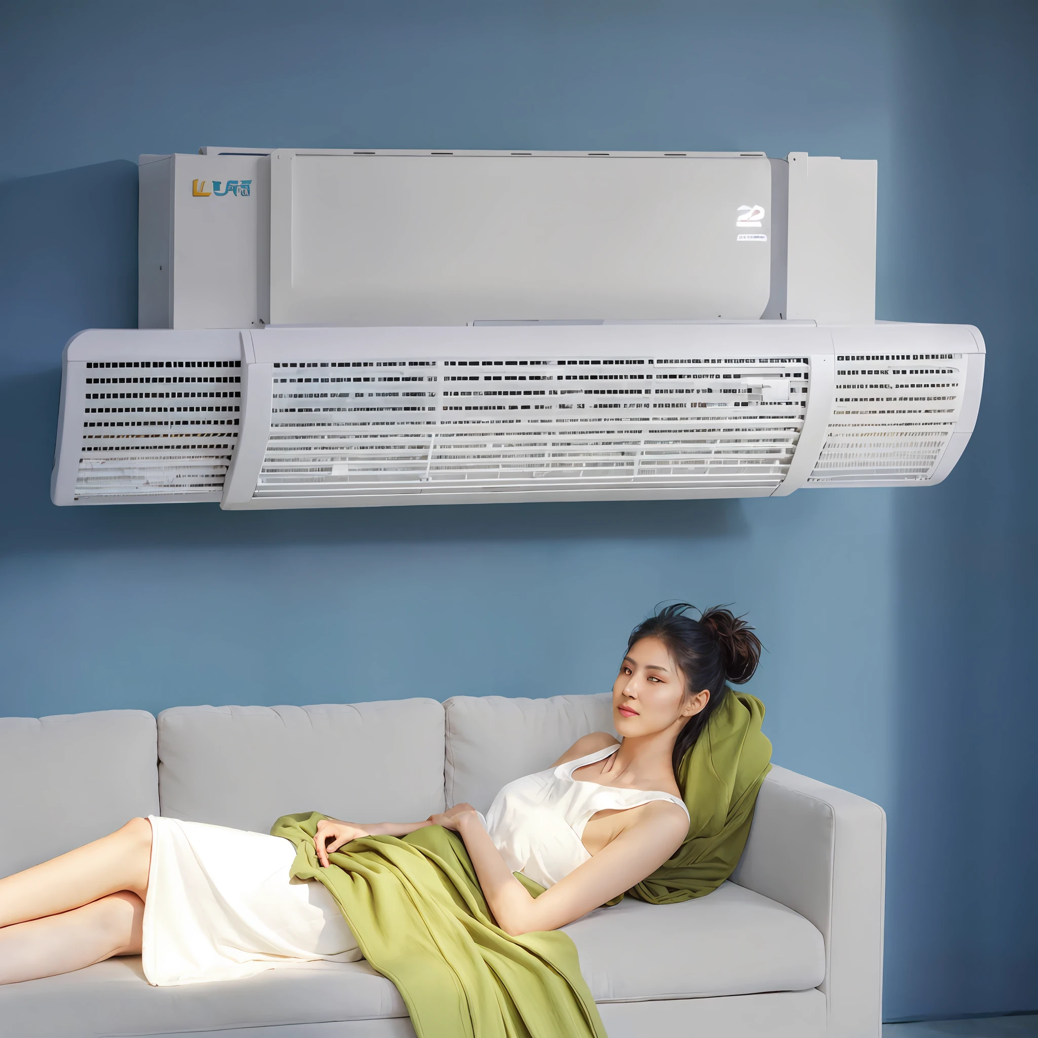 arafed woman laying on a couch with a green blanket, air conditioner, warm air, soft - warm, summer weather, bottom angle, lu ji, portrait c 12.0, portrait c 1 2. 0, beijing, c 12.0, sleek design, winter sun, hot summer sun, hot sun, sun light