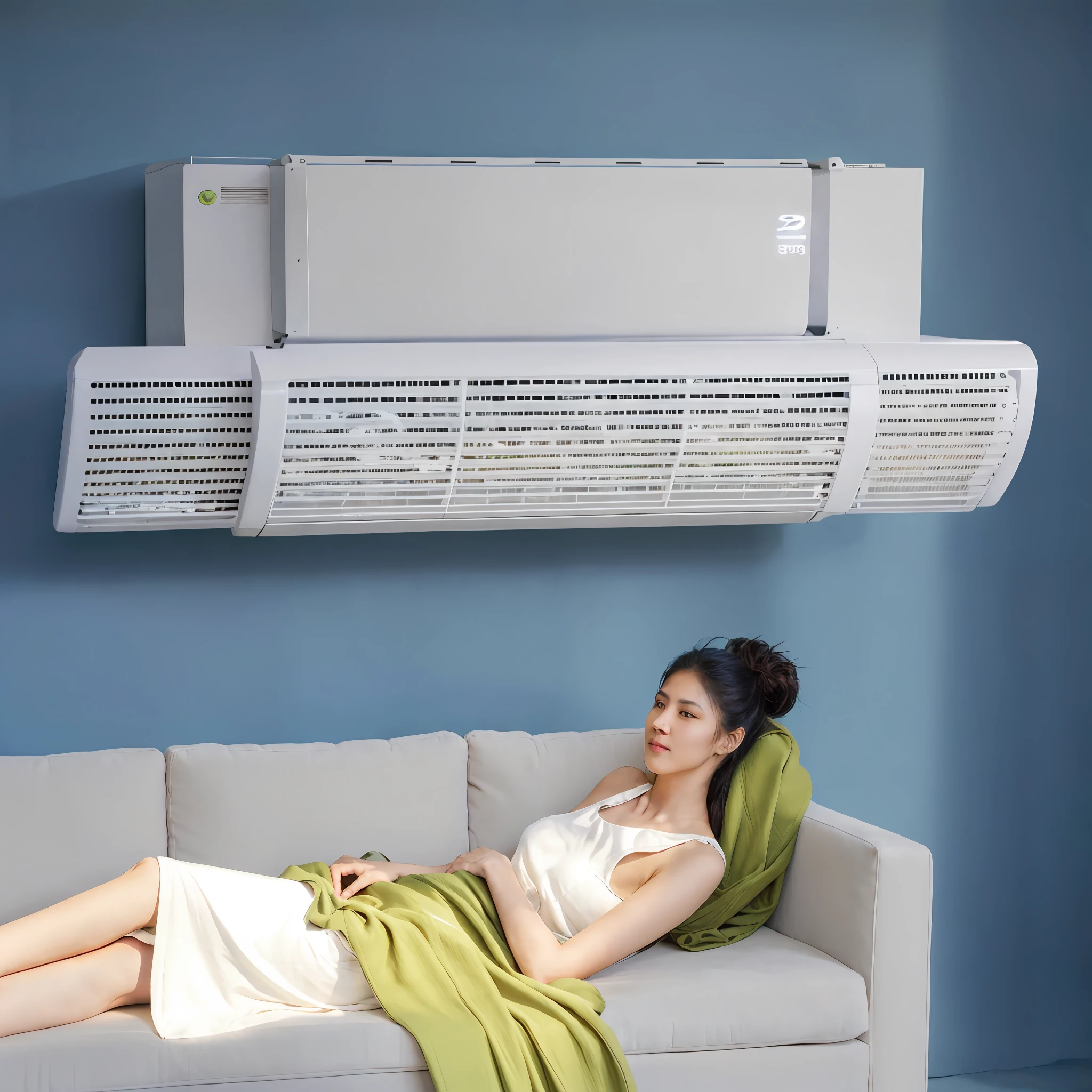 arafed woman laying on a couch with a green blanket, air conditioner, warm air, soft - warm, summer weather, bottom angle, lu ji, portrait c 12.0, portrait c 1 2. 0, beijing, c 12.0, sleek design, winter sun, hot summer sun, hot sun, sun light
