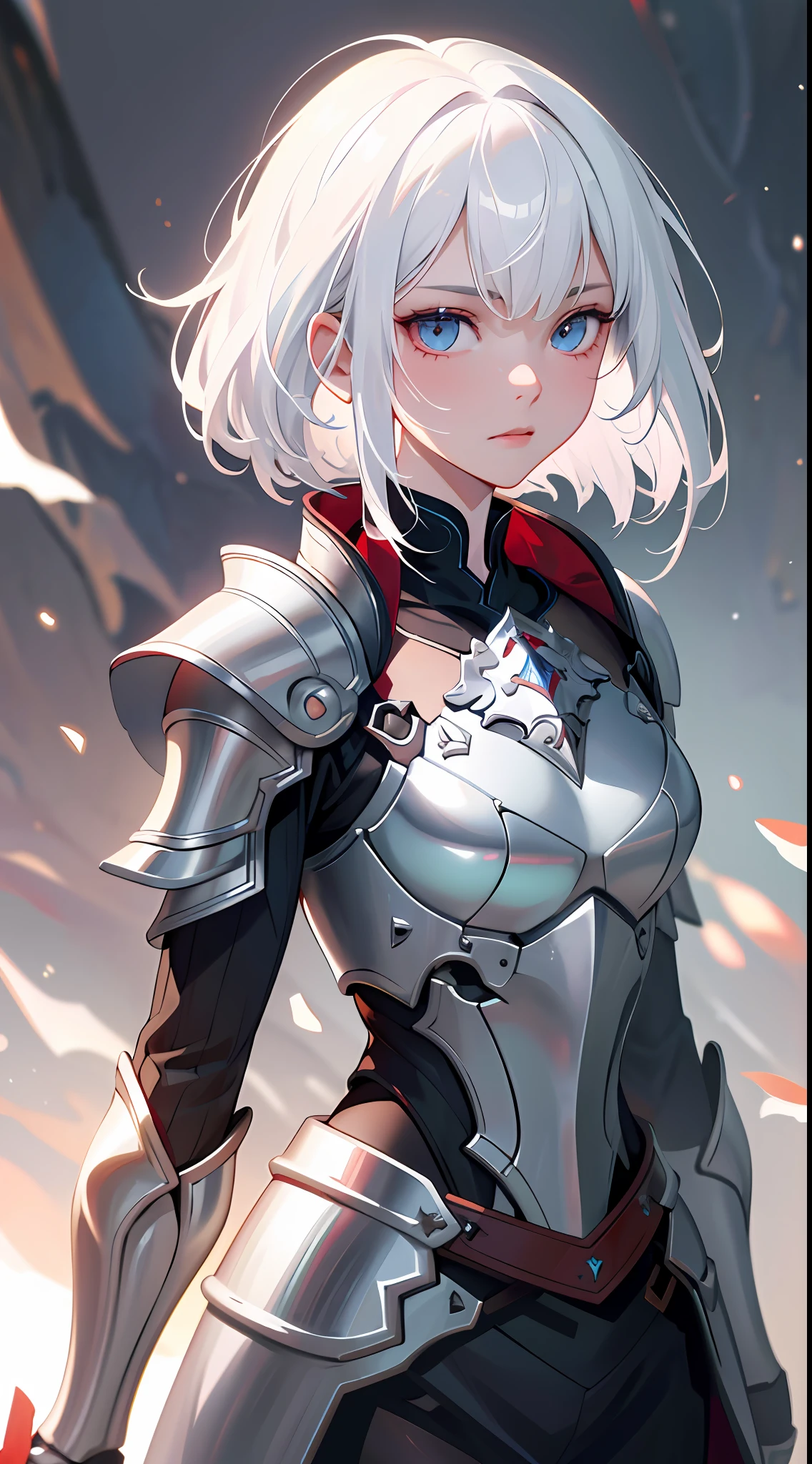 (best quality), (masterpiece), 1 girl, upper body, detailed eyes, detailed armor, hiqcgbody, medium chest, white hair, eye color-red, perfect face, fantasy background, depth of field, look at the viewer, motion blur ,