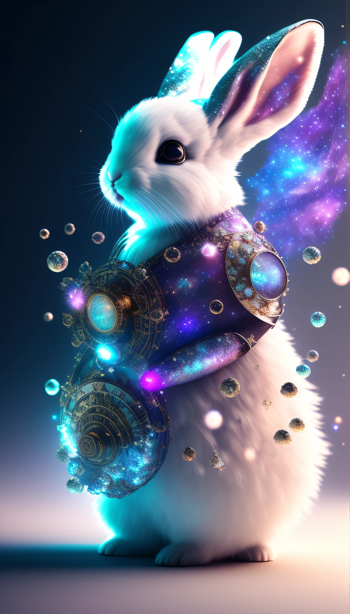 galaxy, spiral, space, nebula, stars, smoke, iridescent, intricate details, steampunk white bunny shape, full body, octane render, surreal, octane render, 8k, uplight, dreamlikeart